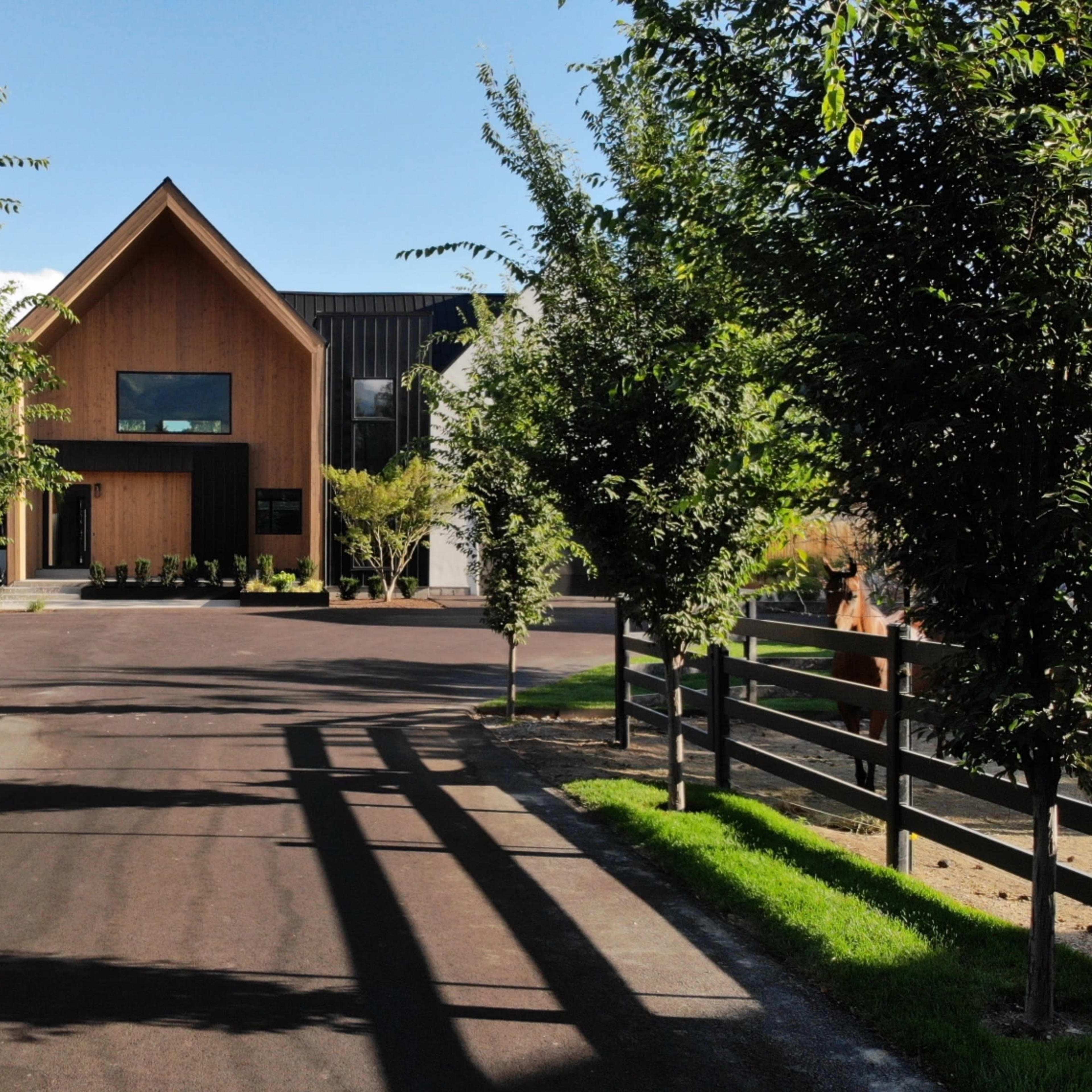 A modern house with a wooden facade situated at the end of a tree-lined driveway.