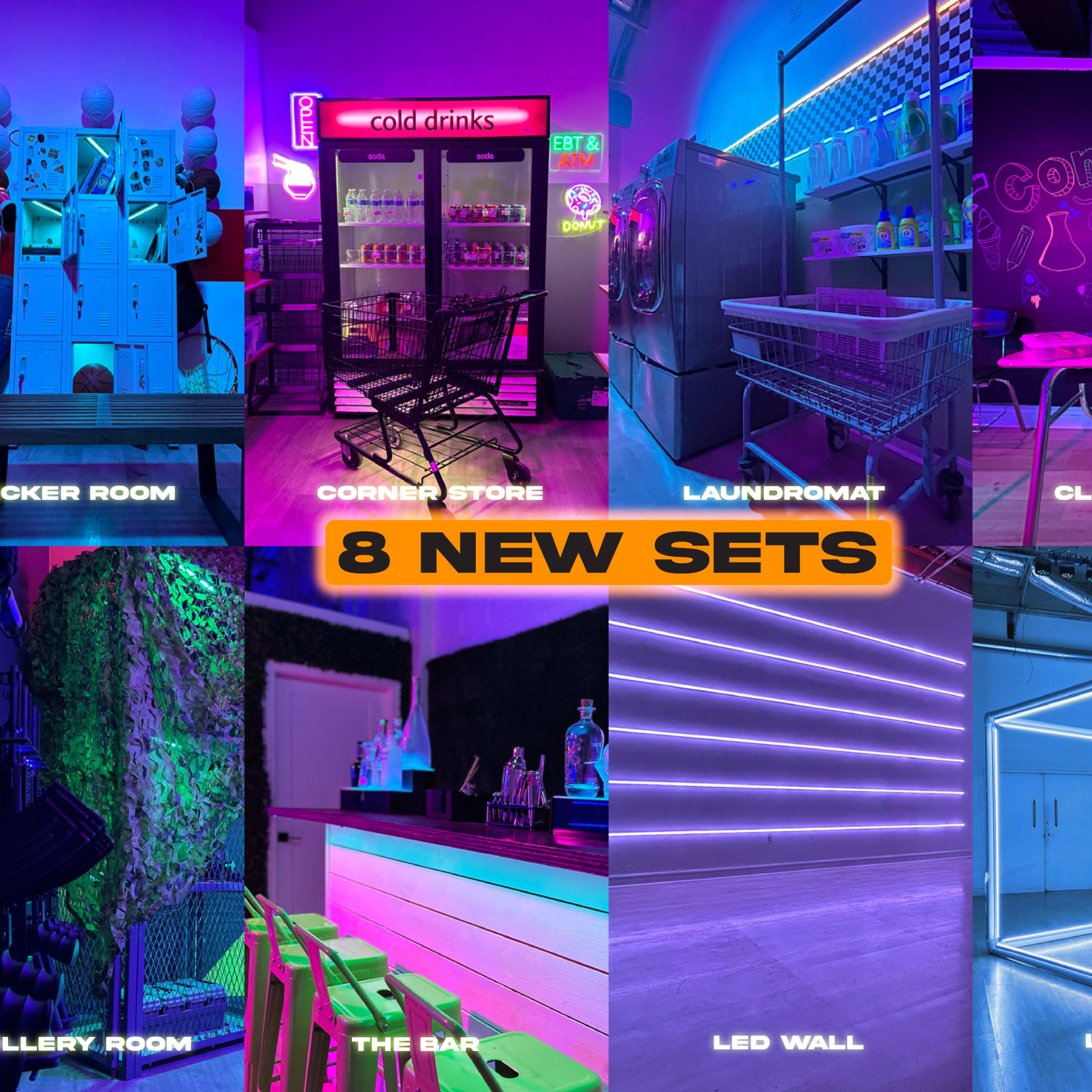 Eight distinct themed sets, including a locker room, corner store, laundromat, classroom, artillery room, bar, LED wall, and LED cube, each designed with unique lighting and decor elements.