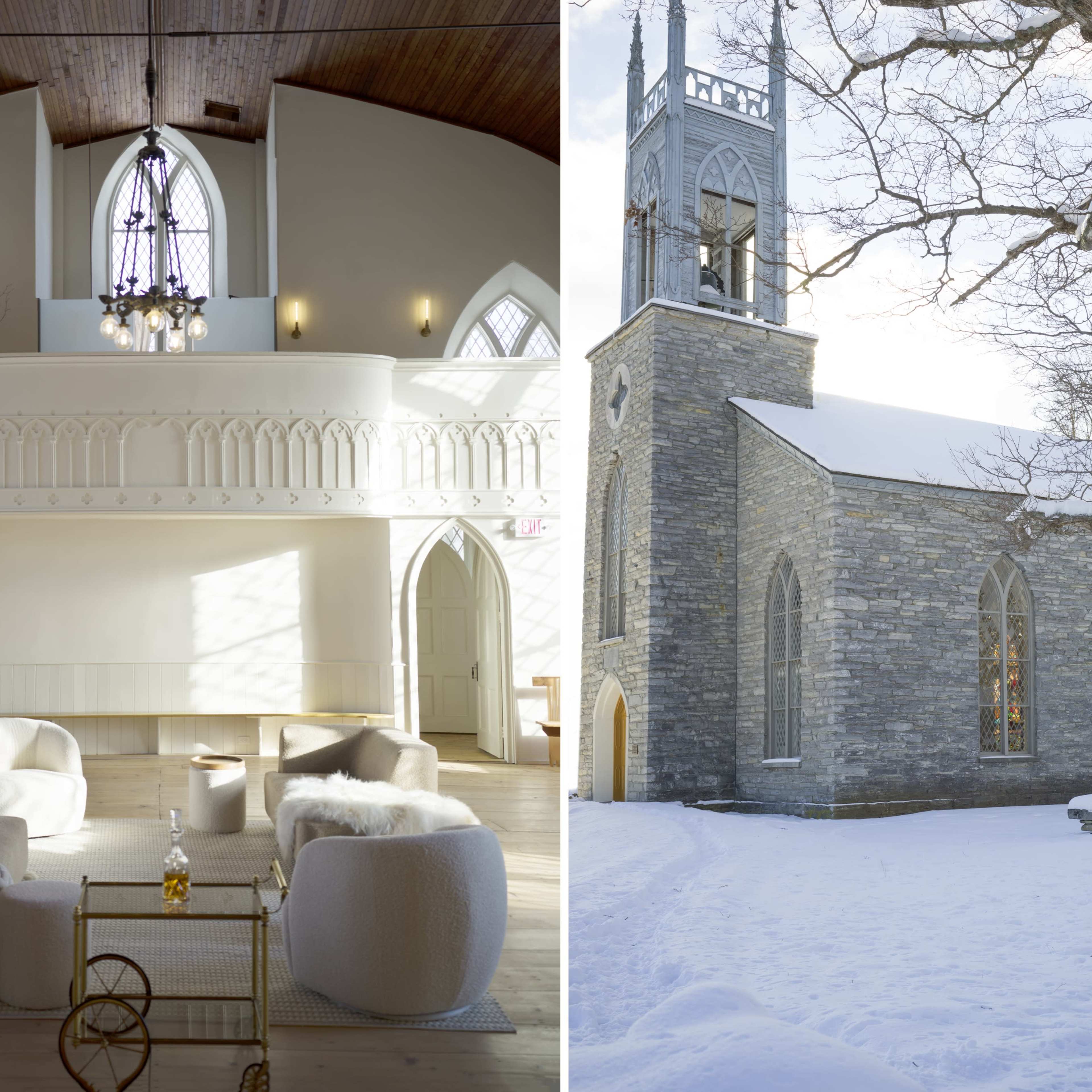 A split scene featuring a bright, minimalist interior of a modern space on the left and a stone church with a snowy exterior on the right.