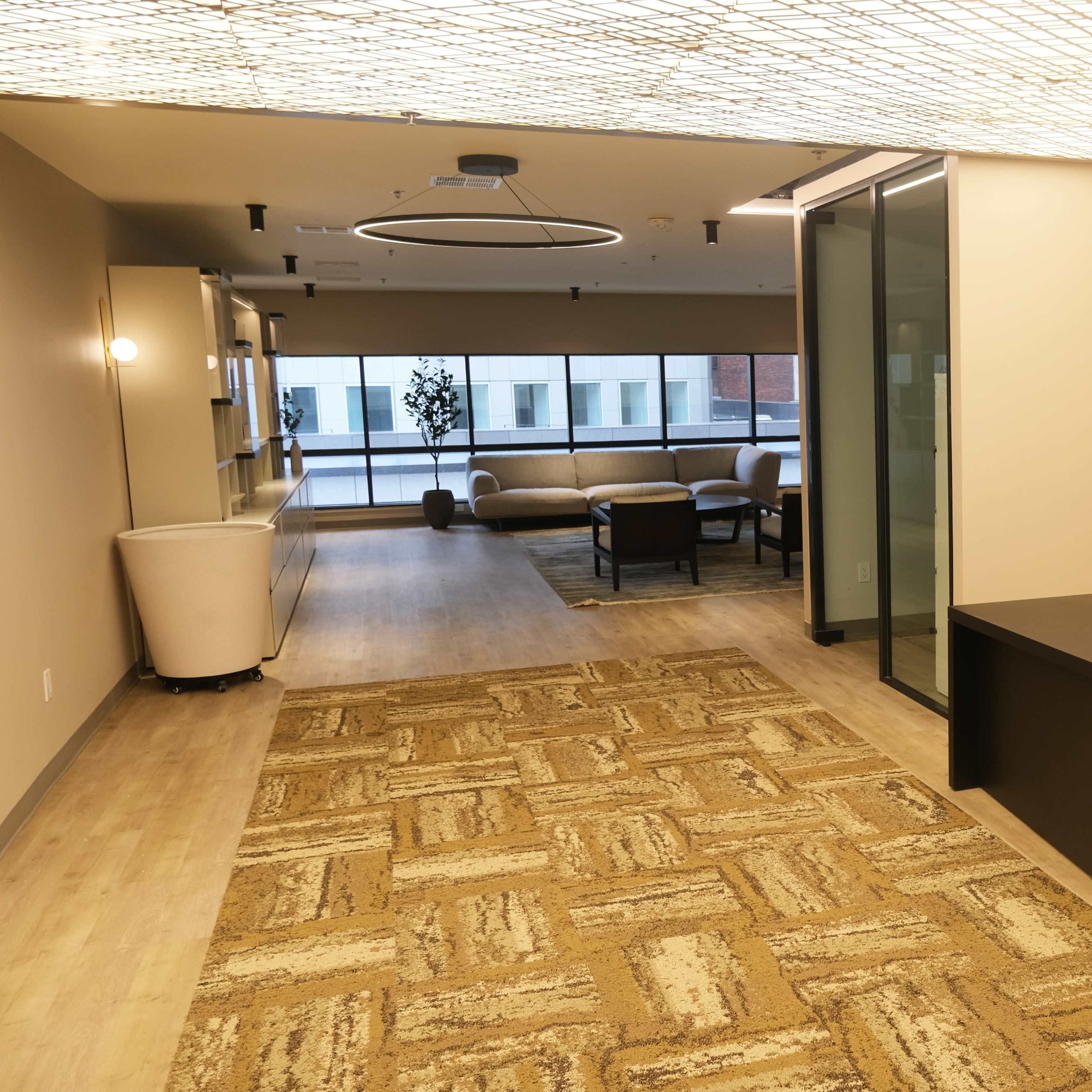 A modern office space with a carpeted area, a television mounted on a wall, and a seating arrangement visible through a glass partition.