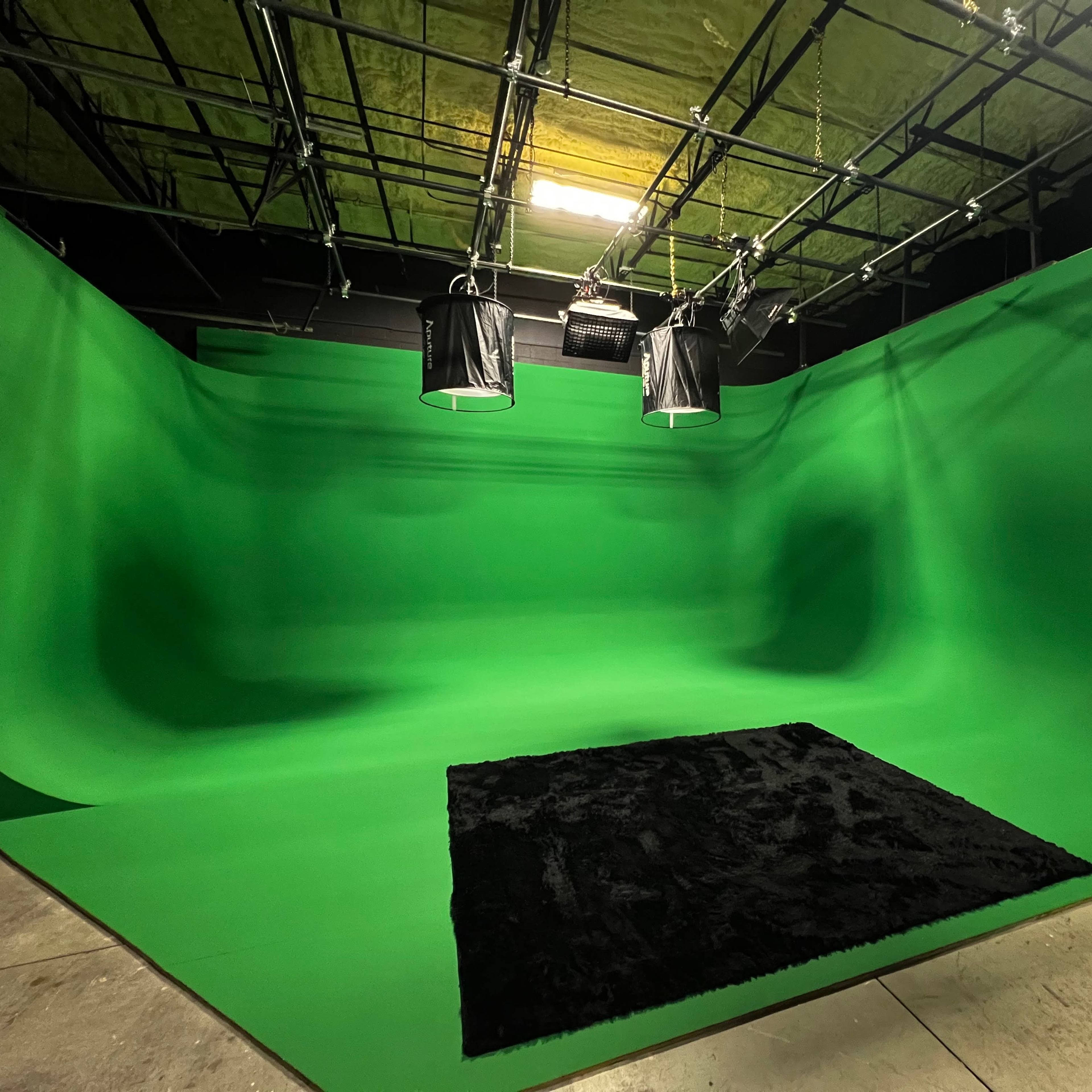 A green screen studio with a black rug in the center, under overhead lighting.
