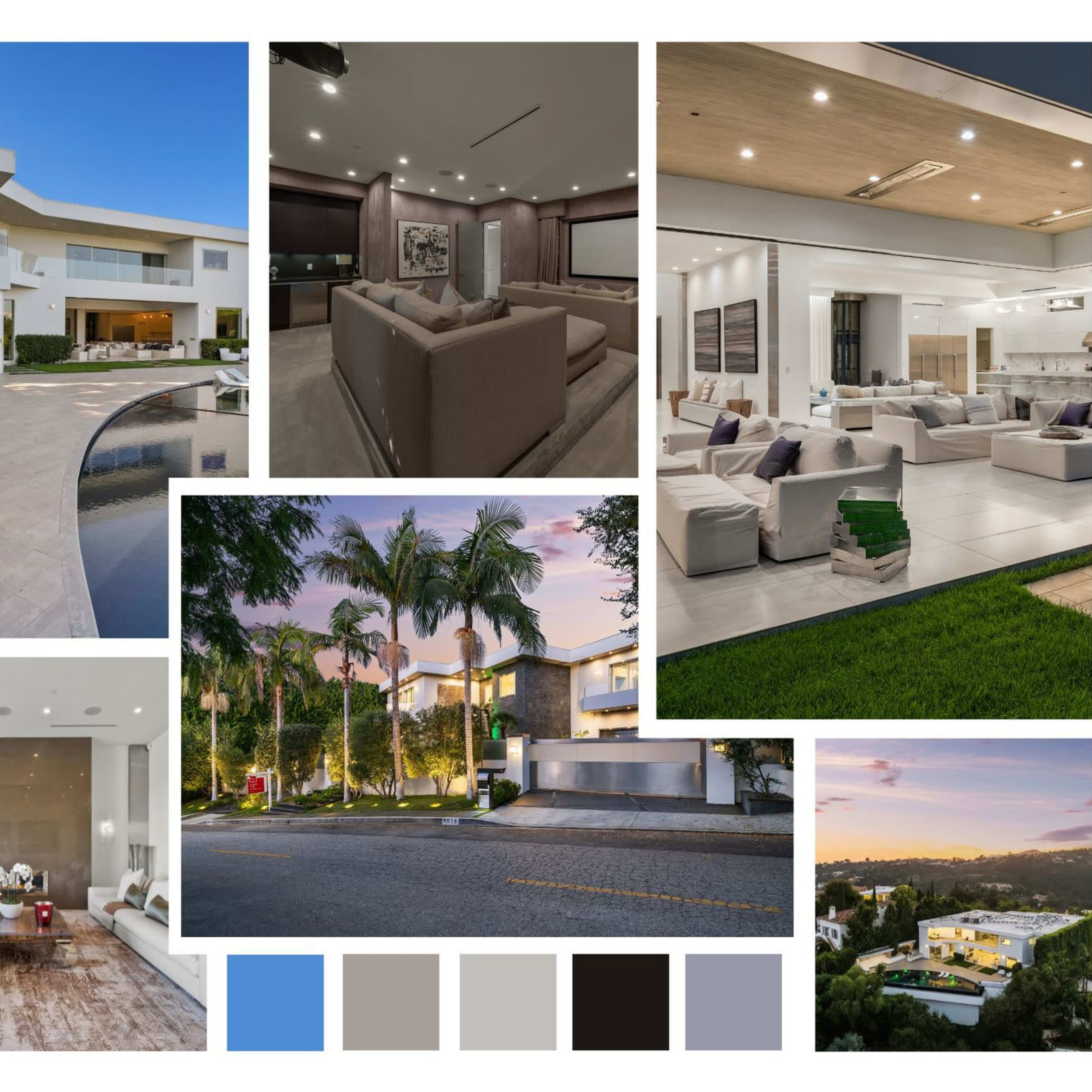 Showcases a modern luxury home with various interior and exterior views, including living spaces, a pool area, and surrounding landscaping.