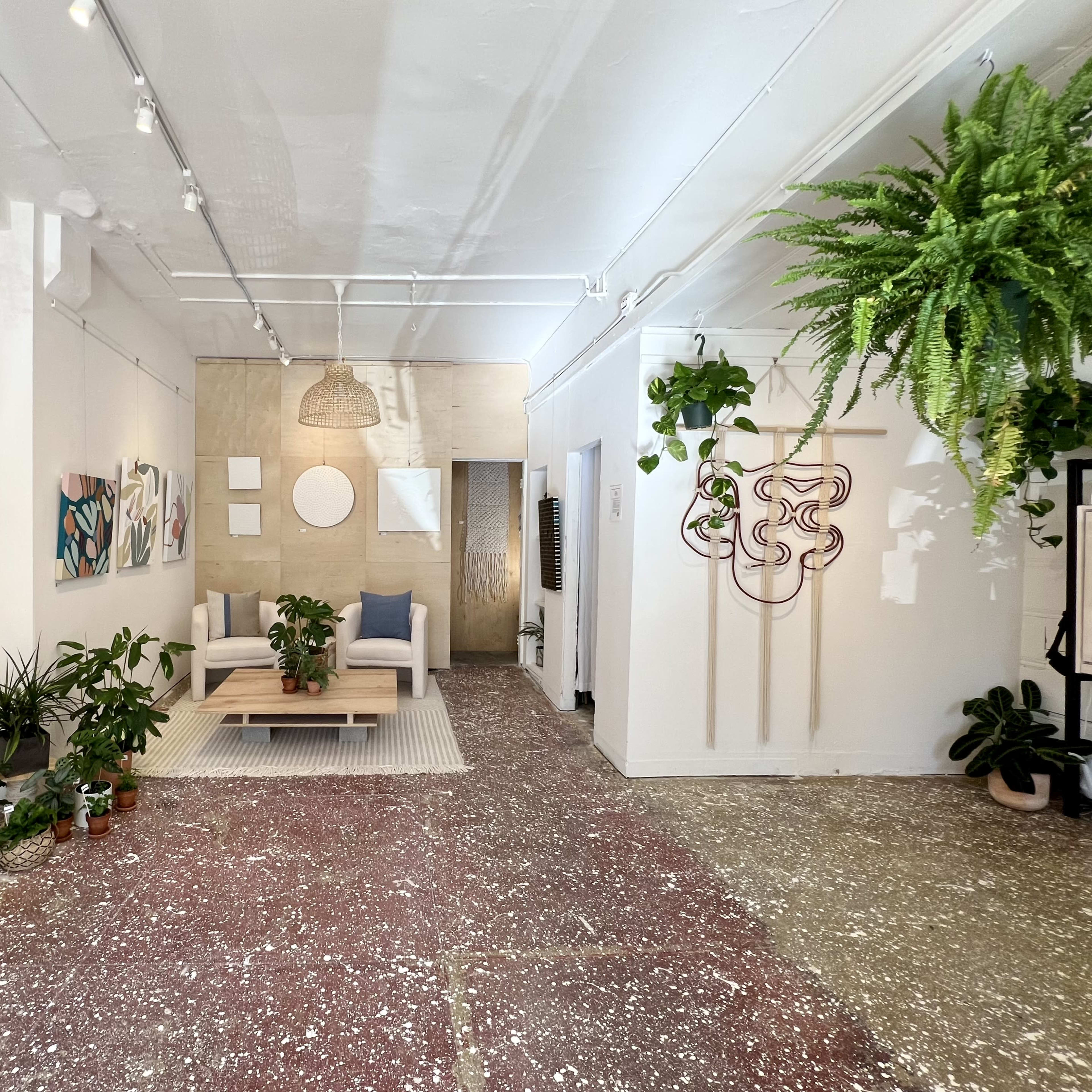 A spacious art gallery or studio with a mix of plants, wall art, and modern furniture arranged in a well-lit setting.