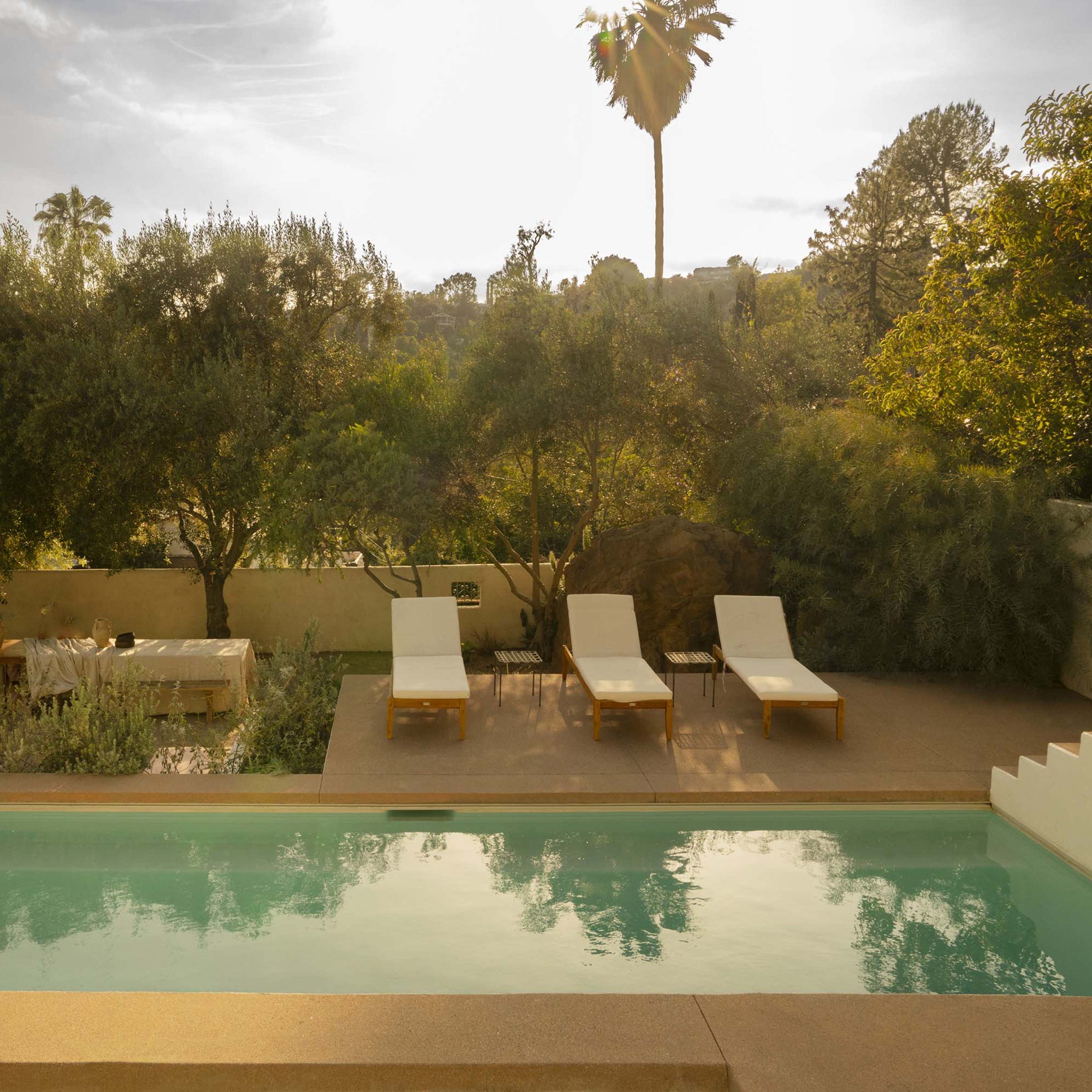 A serene outdoor pool area surrounded by greenery and sun loungers under a clear sky.