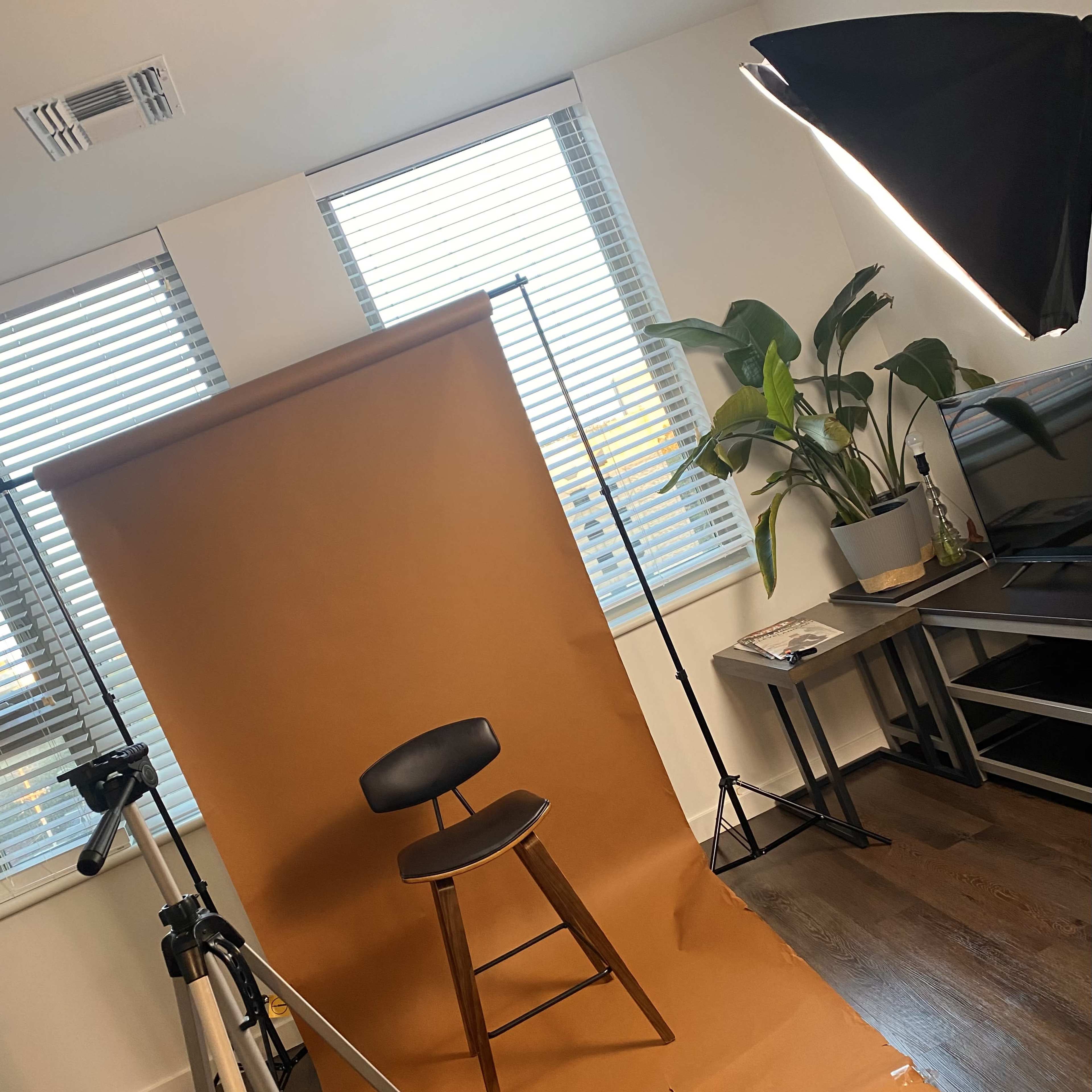 A photography setup featuring a brown backdrop, a stool, a softbox light, and a tripod in a well-lit room with window blinds and a plant.
