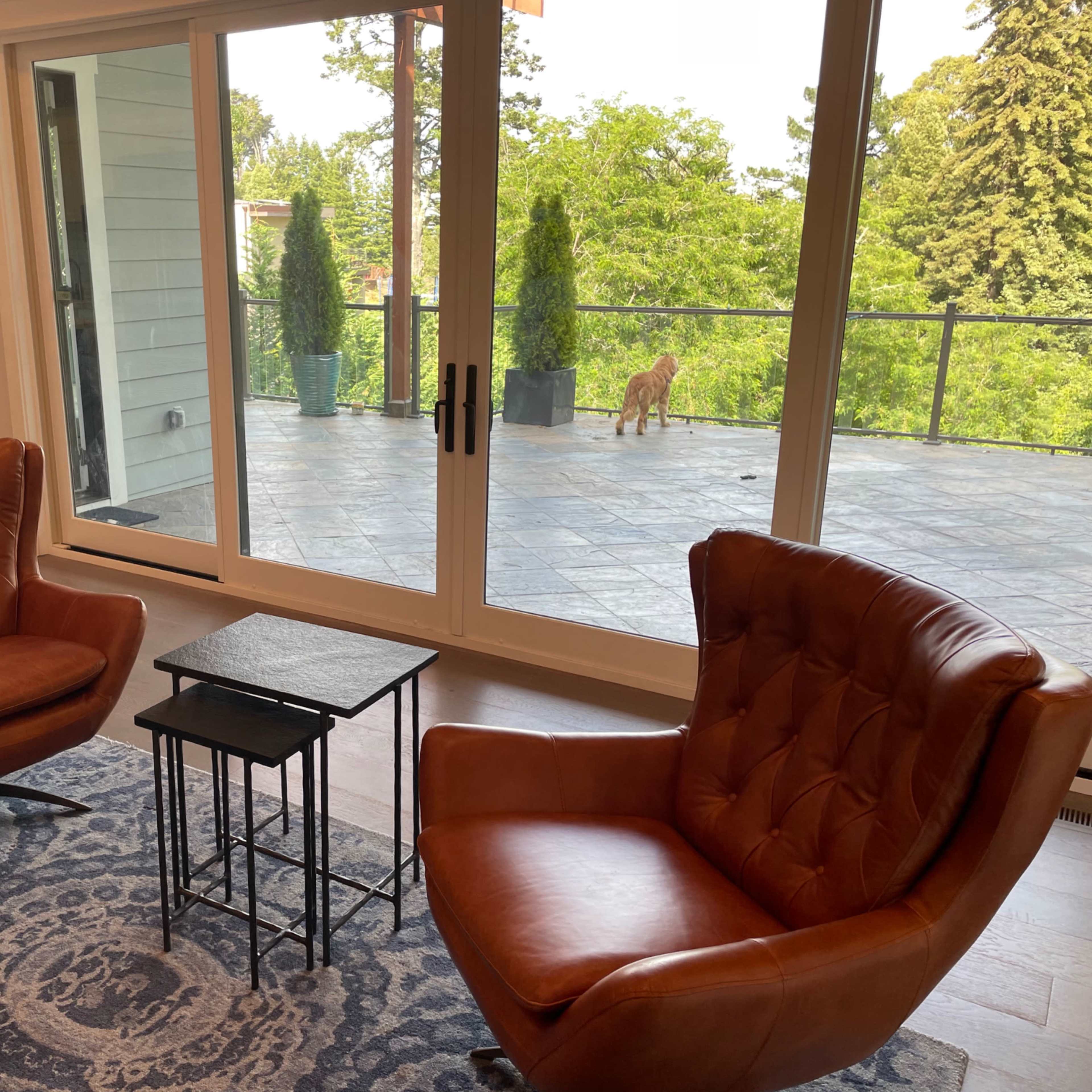 Two brown leather chairs face each other in a room with large windows overlooking a patio and greenery.