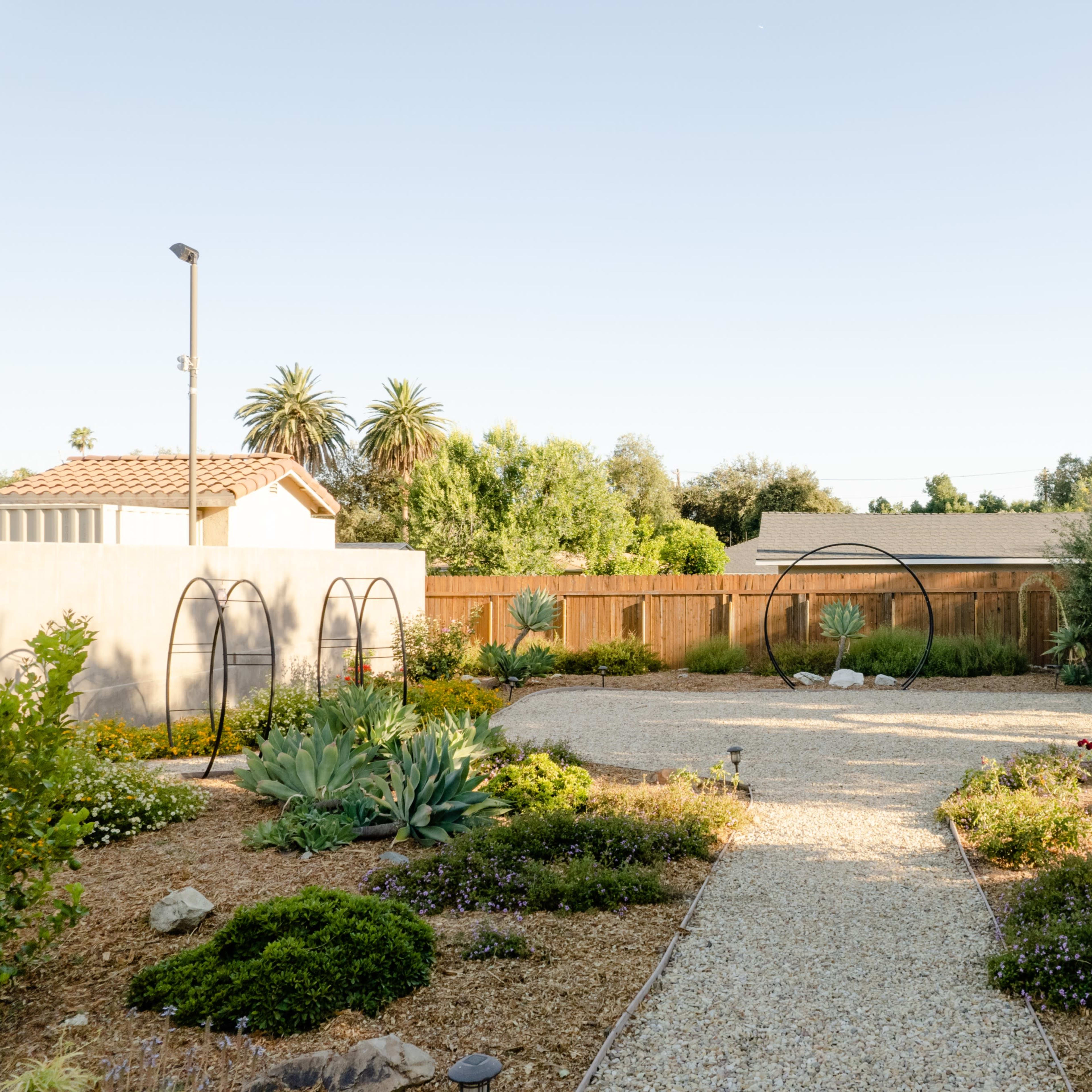A landscaped backyard featuring gravel pathways, various plants, and two metal arches against a backdrop of a wooden fence and palm trees.