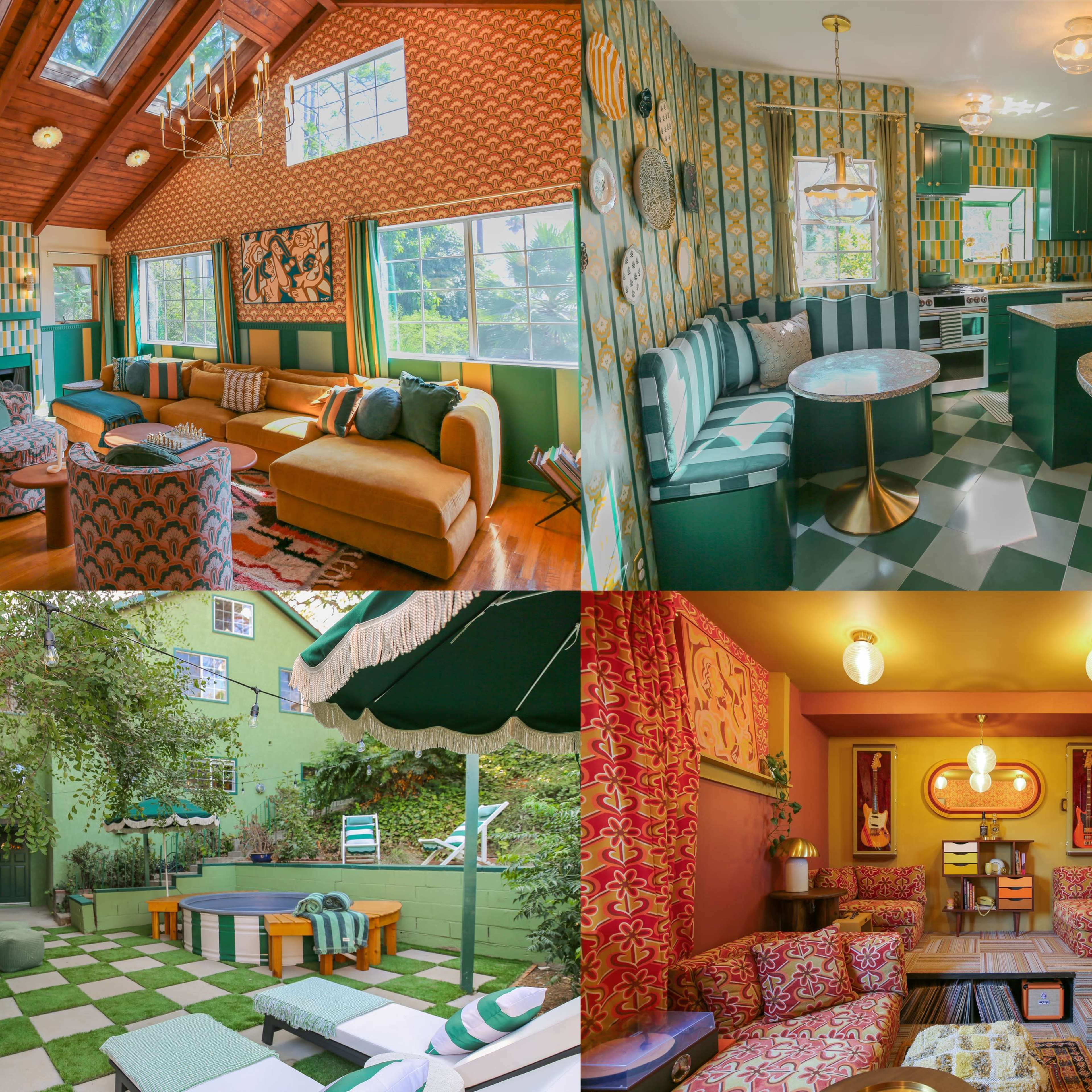 A four-part layout featuring a bright living room, a modern kitchen and dining area, an outdoor space with seating and a hammock, and a cozy lounge room with vibrant decor.
