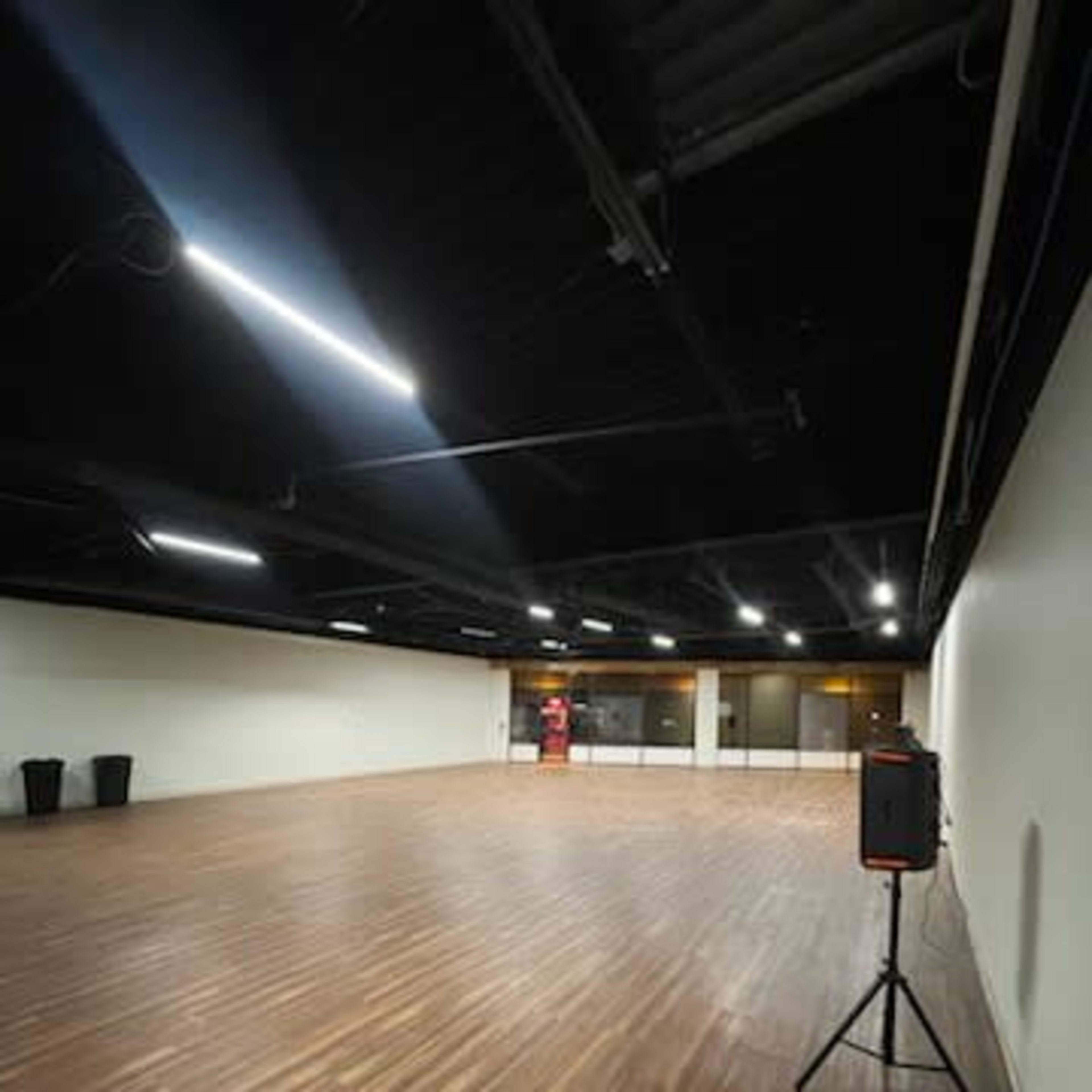 An empty, spacious interior room with wooden flooring, high ceilings, and minimal lighting fixtures.