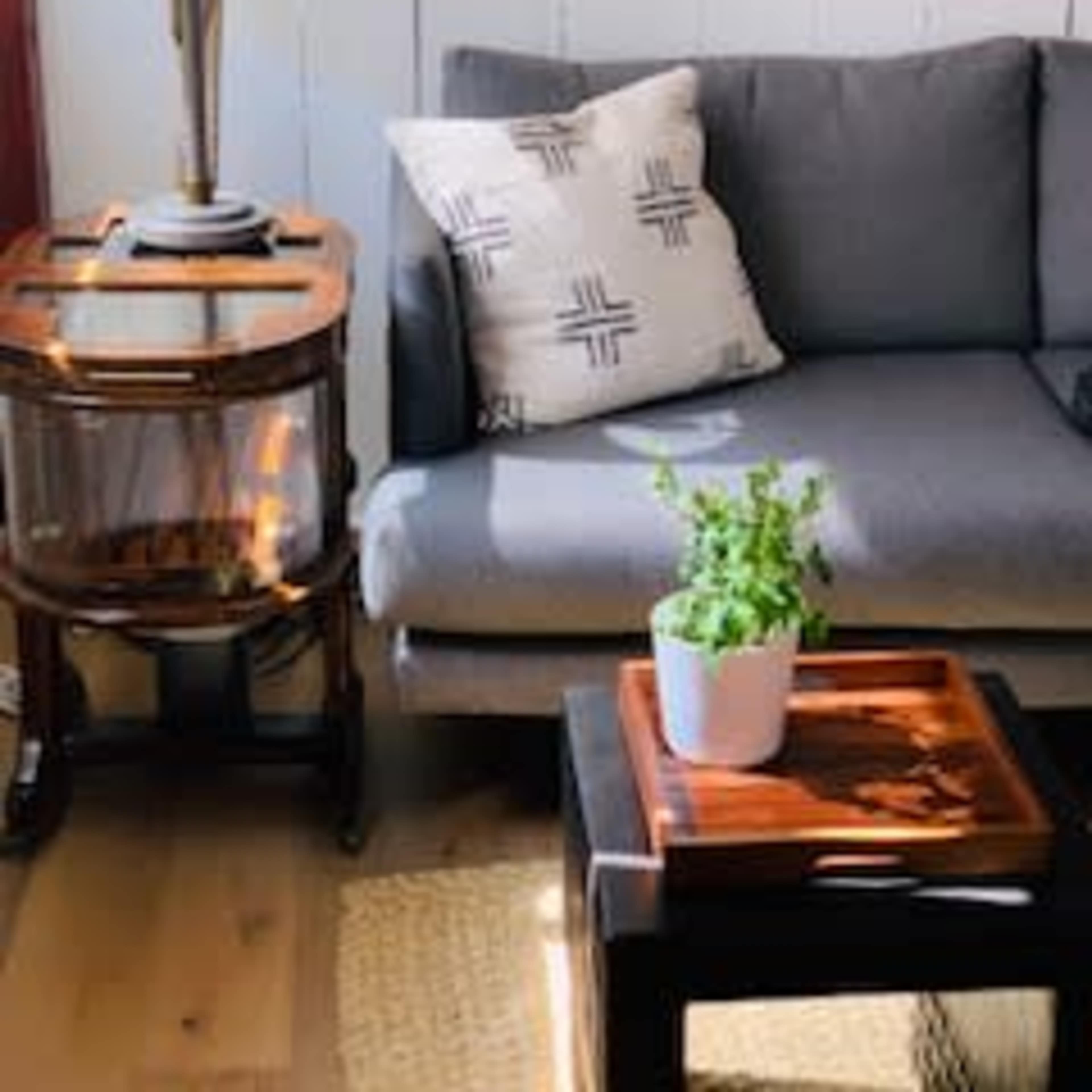 A gray couch is positioned next to a wooden side table with a lamp, a decorative pillow, and a potted plant.