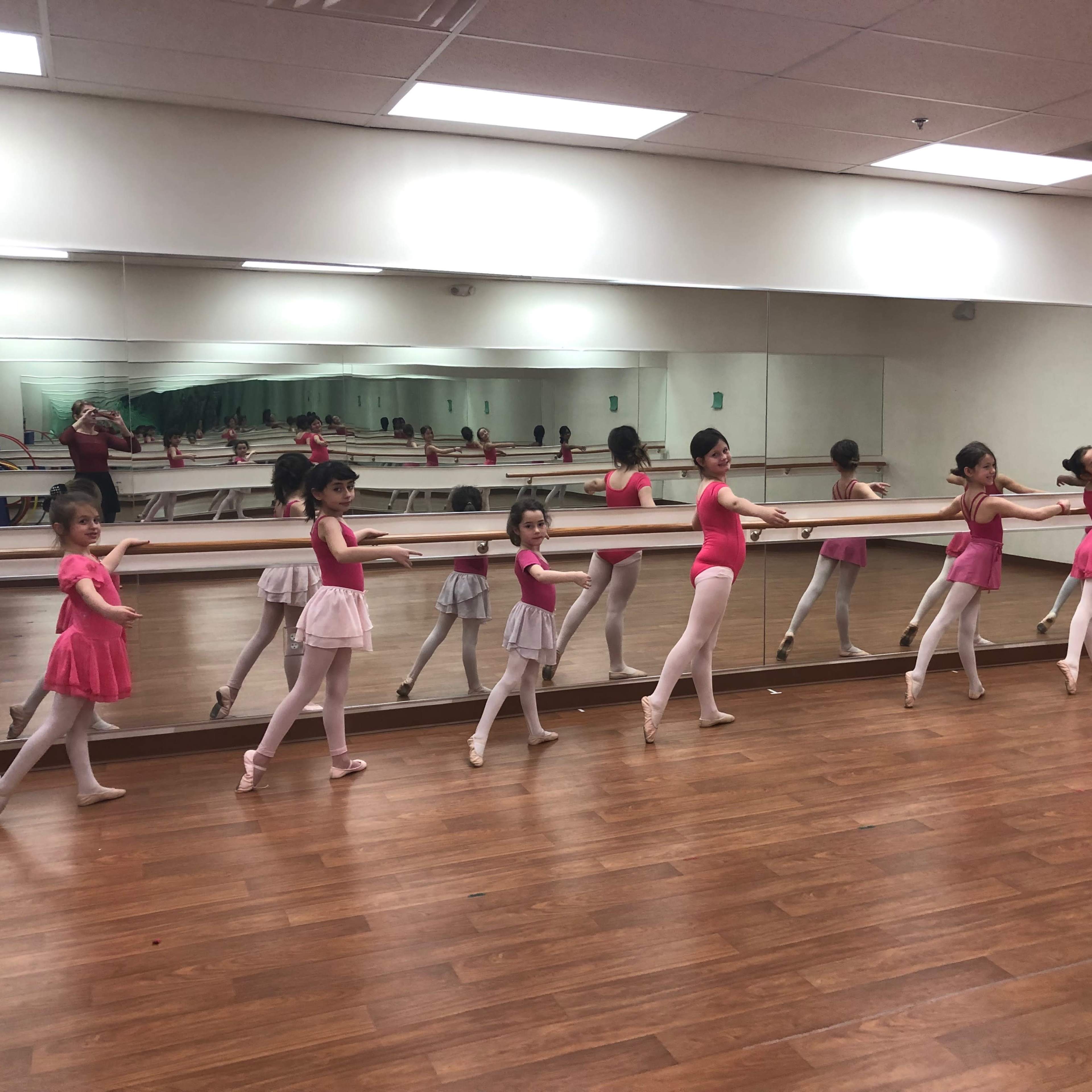 A line of young ballet dancers in pink costumes practices at a mirrored studio.