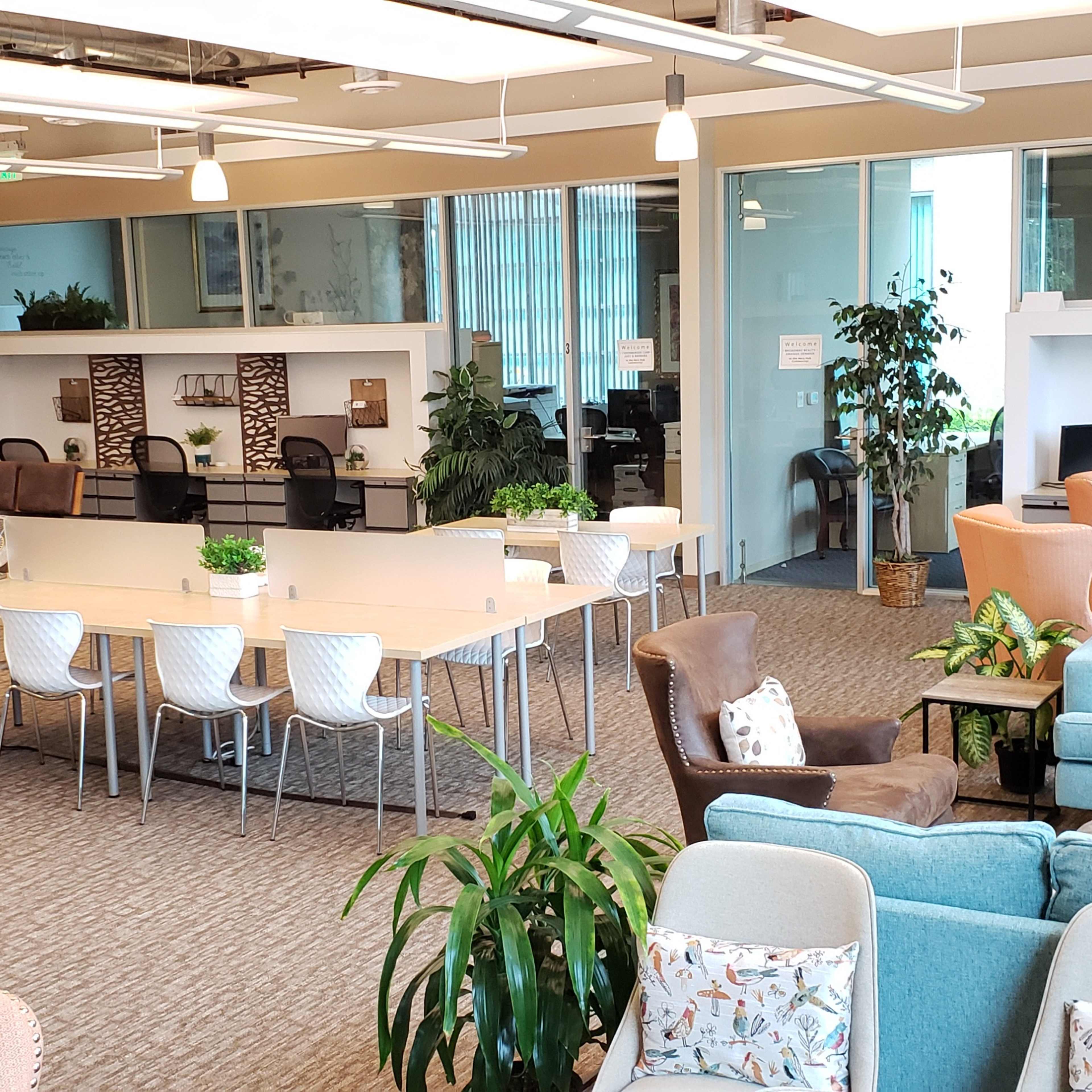 A modern office space with a mix of seating areas, a large communal table, and greenery throughout.