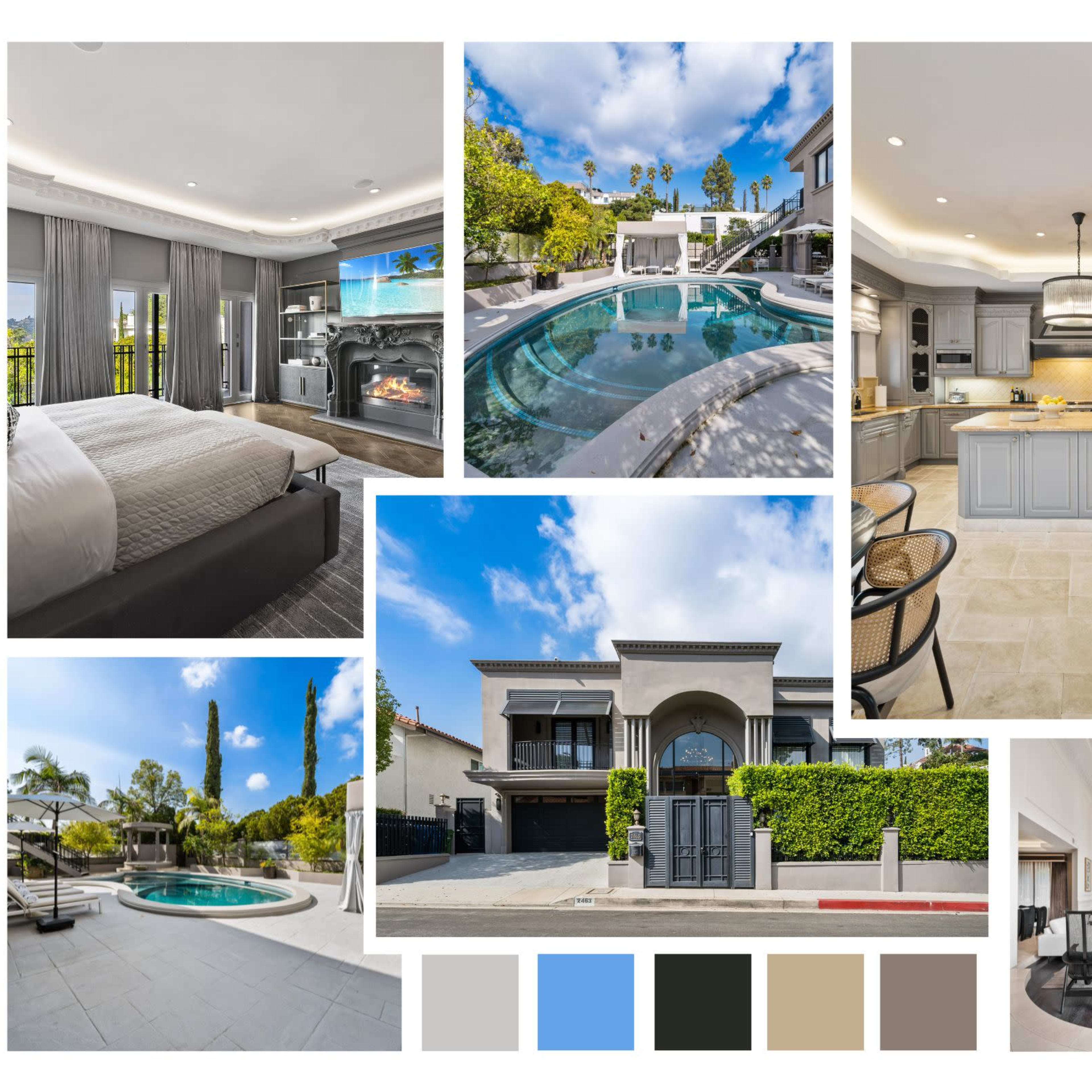 A luxurious modern home featuring a spacious bedroom, a stylish kitchen, and an outdoor pool area surrounded by greenery.