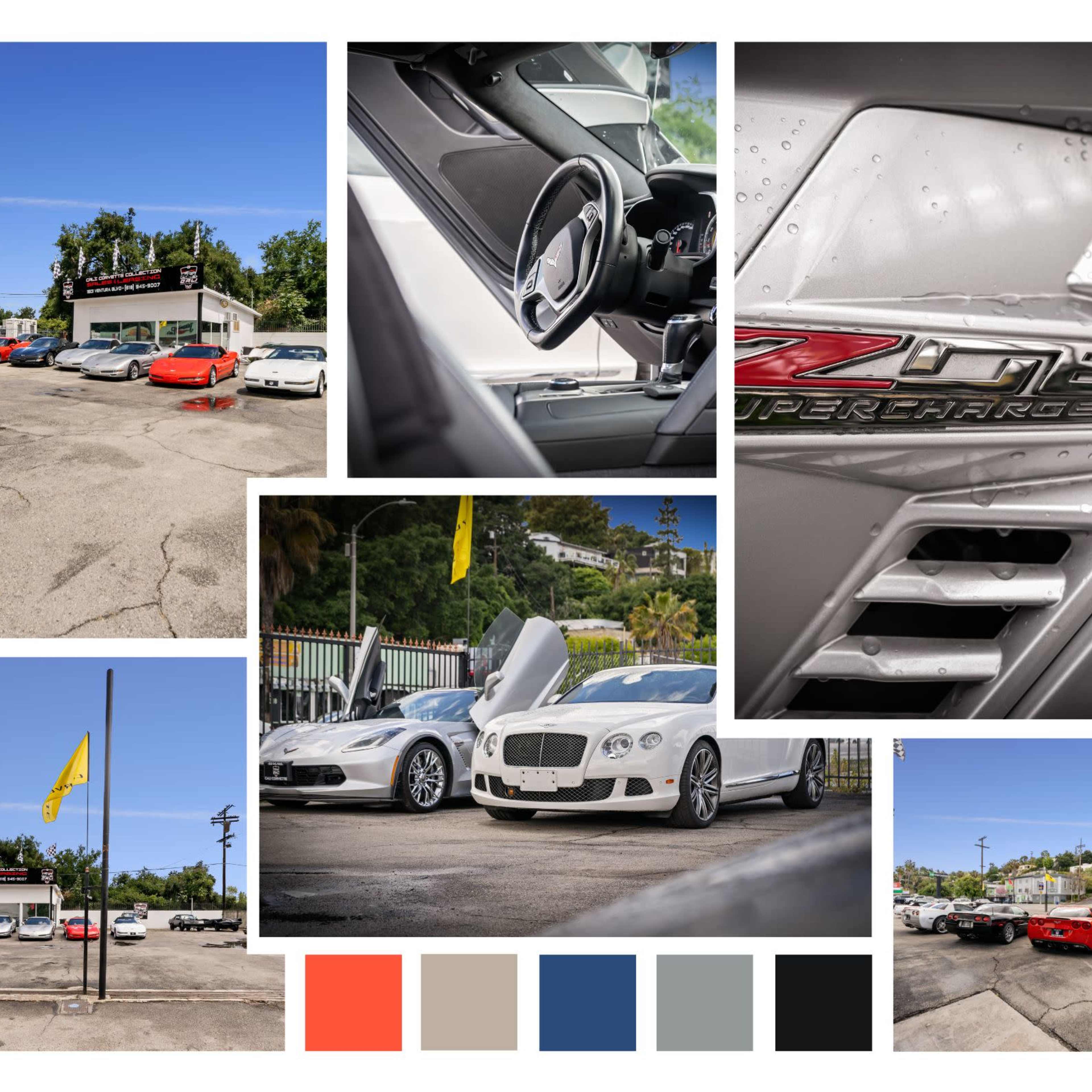 A car dealership with various luxury cars parked outside, including a Bentley and several red sports cars, set against a clear blue sky.