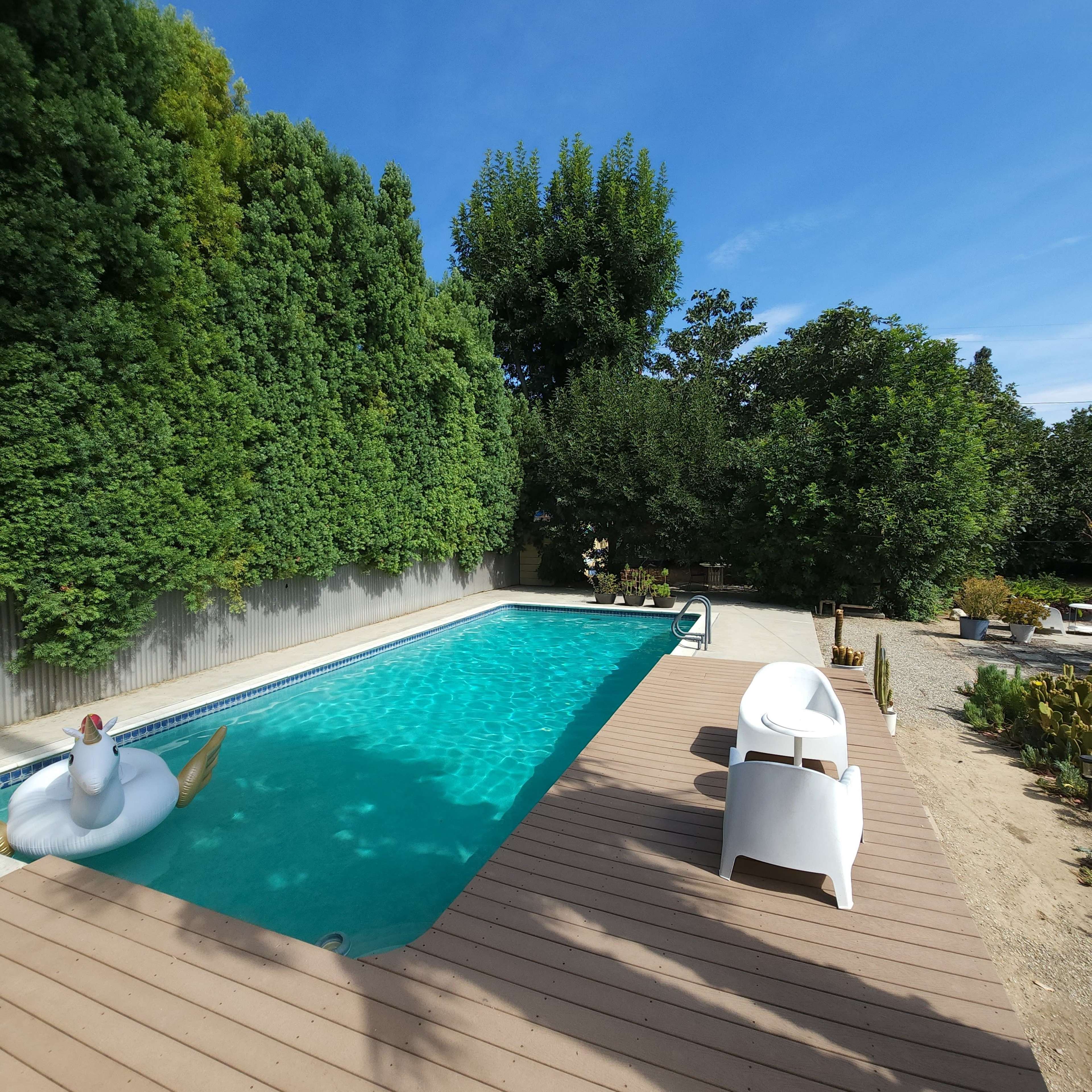 A swimming pool with a rubber duck float is surrounded by greenery and a wooden deck.