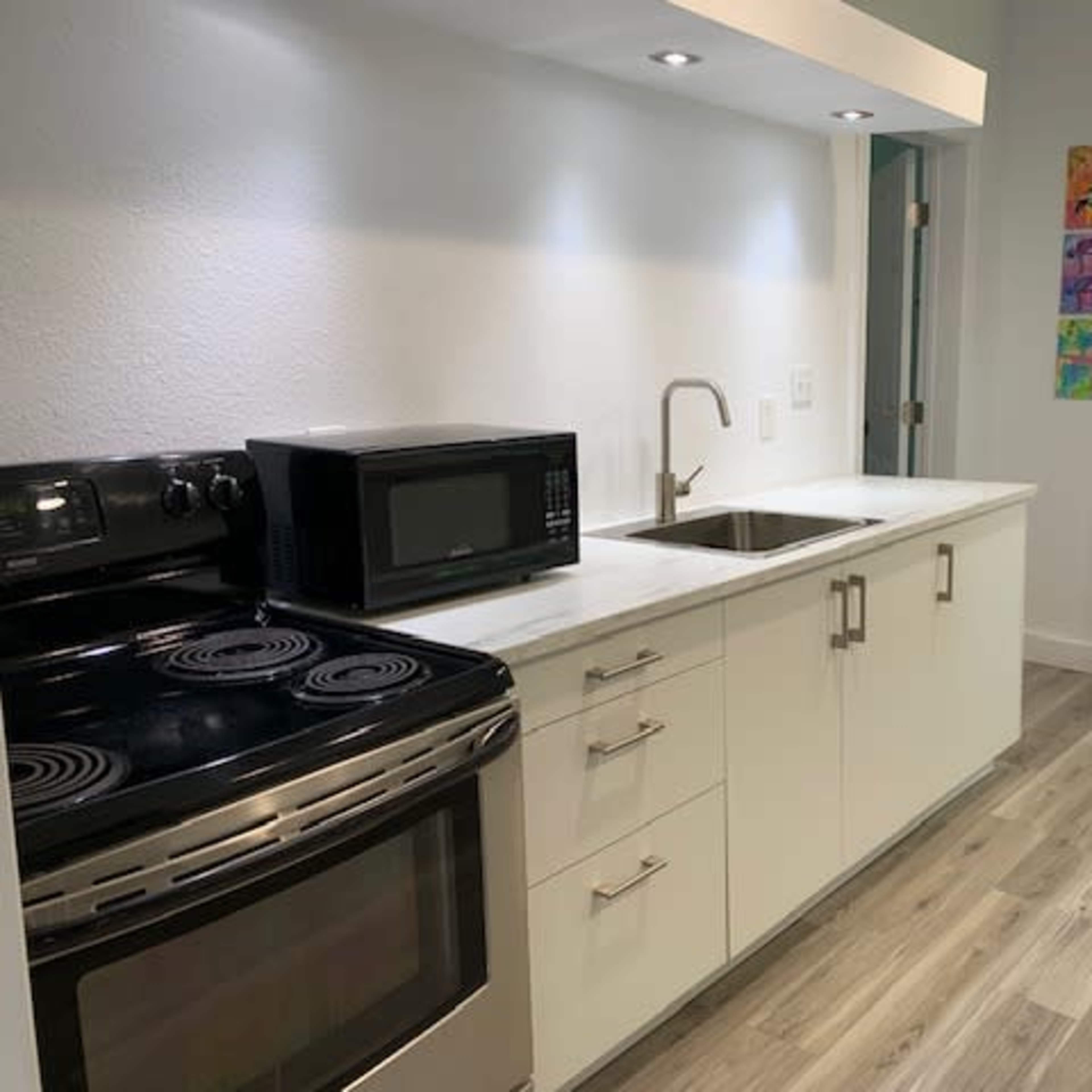 The kitchen features a black stove and microwave, white cabinetry, a stainless steel sink, and light wood flooring.