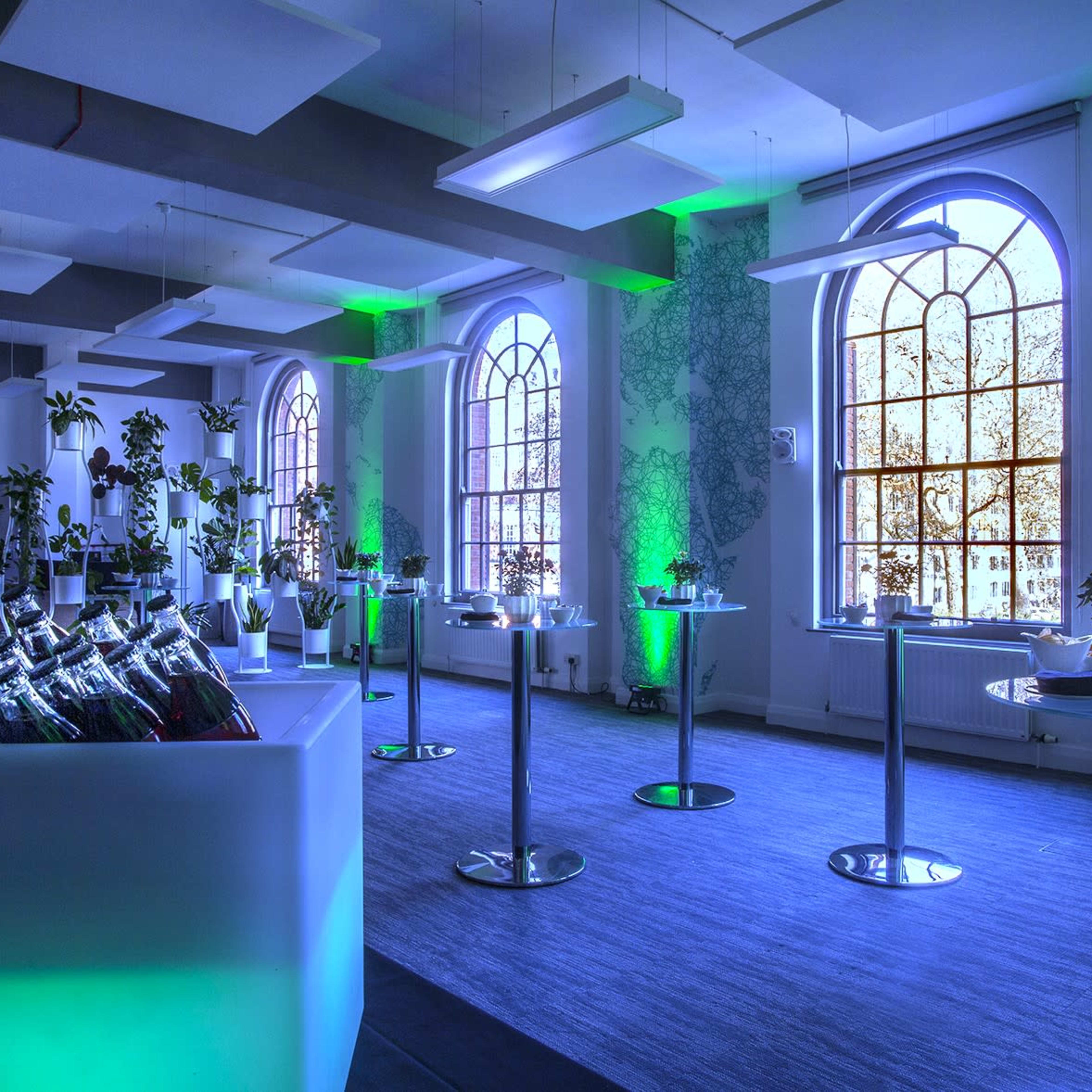 A well-lit event room features tables with food arrangements and plants, illuminated by green lighting and large windows.