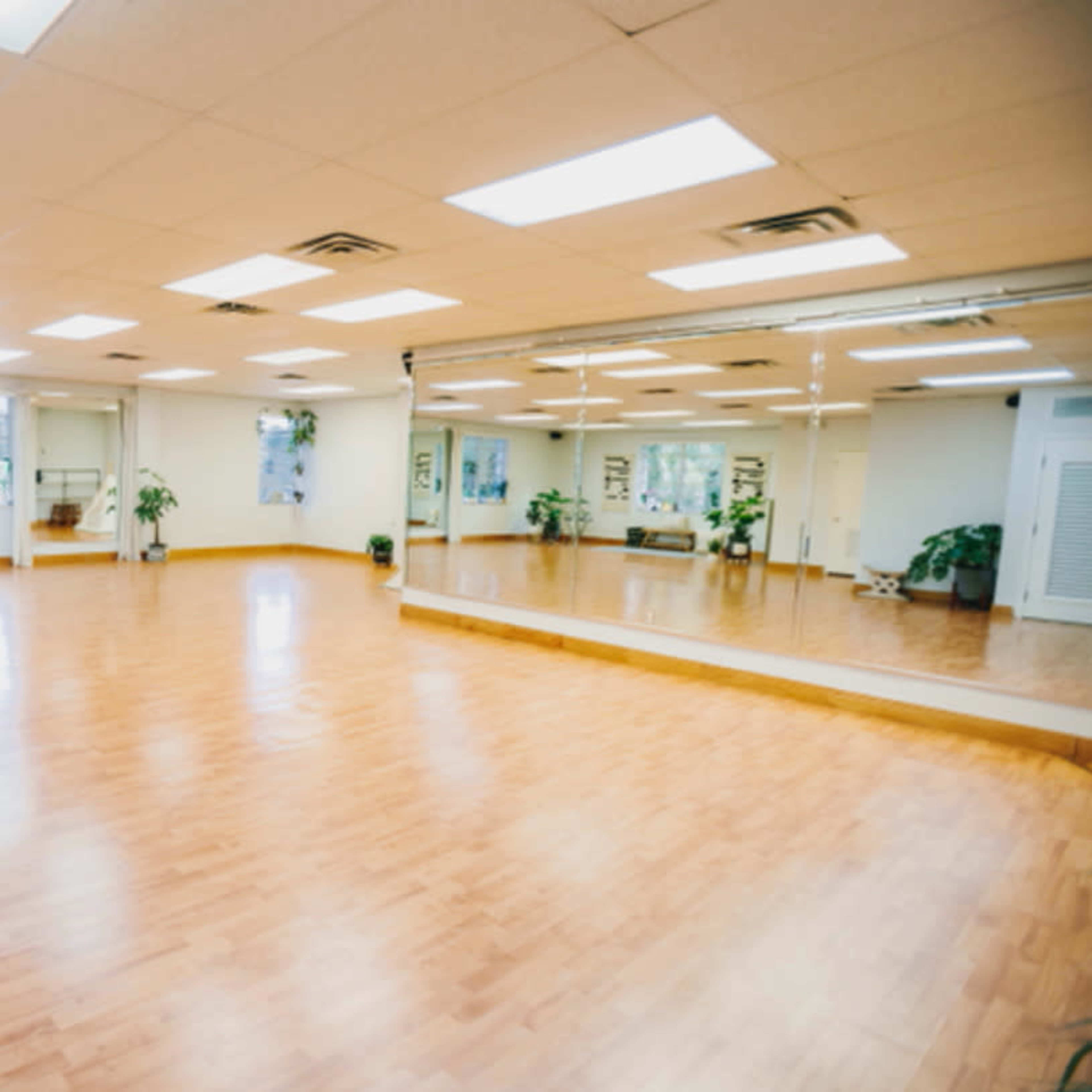 An empty dance studio with wooden flooring and large mirrors on one wall.