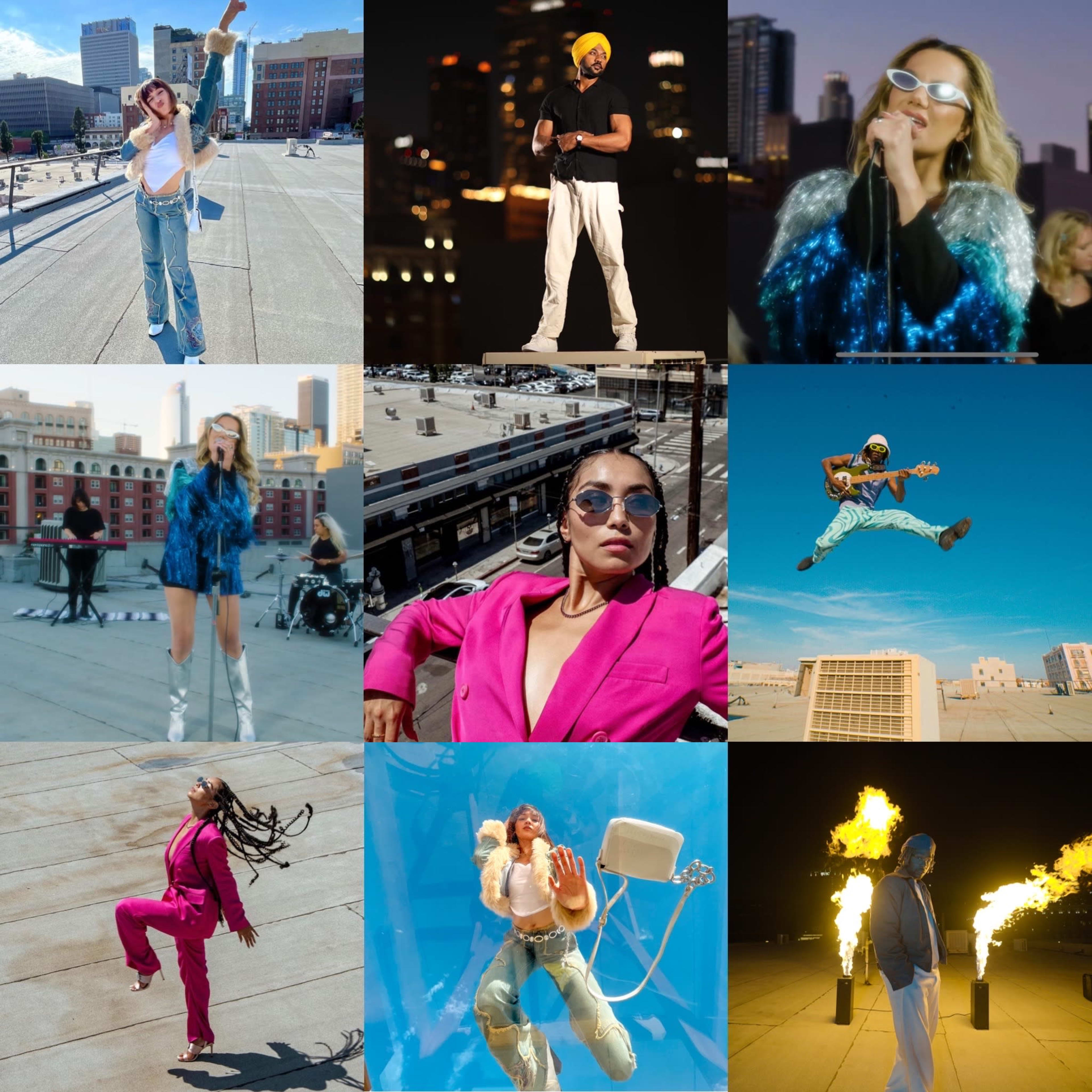 A grid of nine vibrant scenes featuring various performers in dynamic poses, set against urban backdrops and colorful stage lighting.