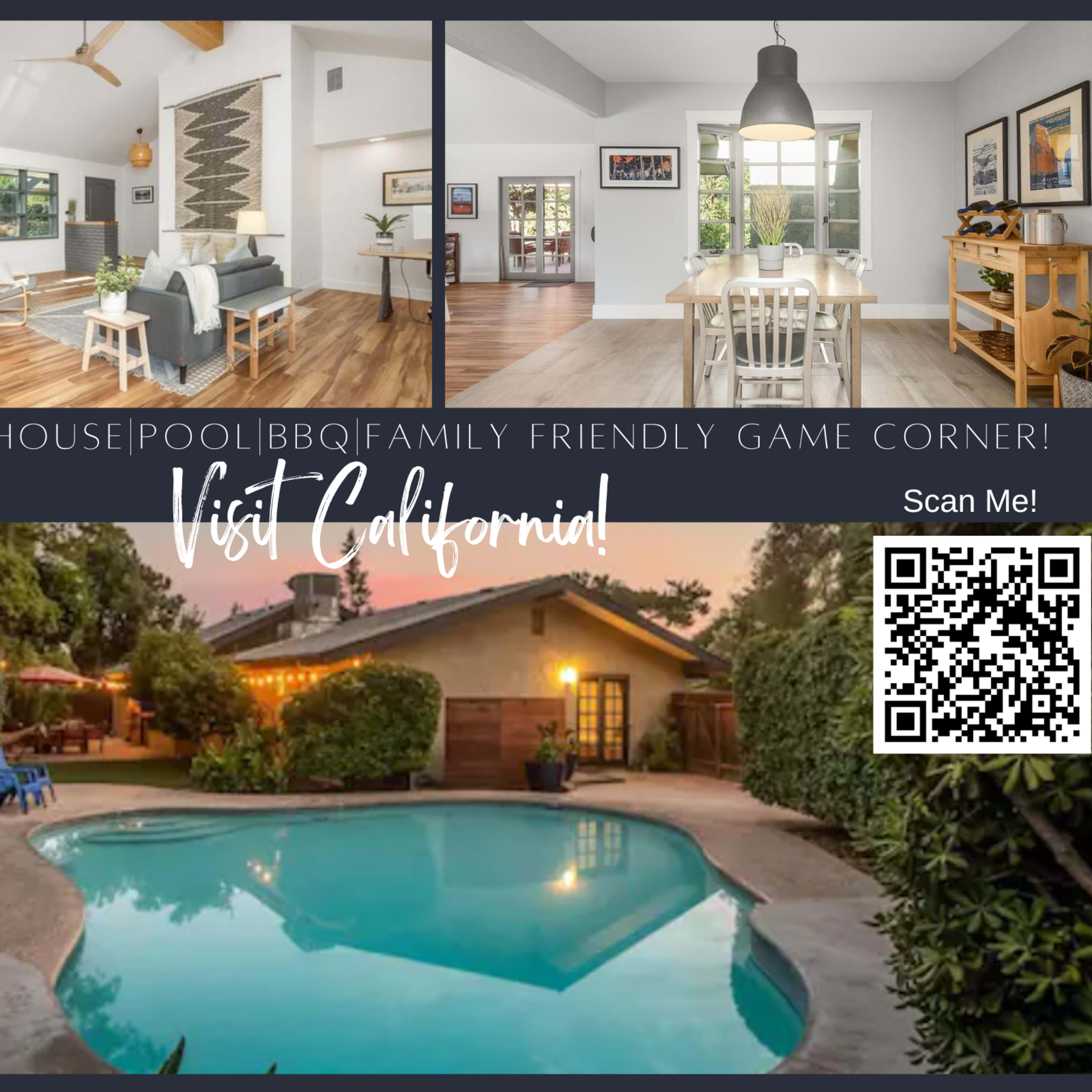 A Fresno house featuring a living area, dining space, and an outdoor pool area with seating.