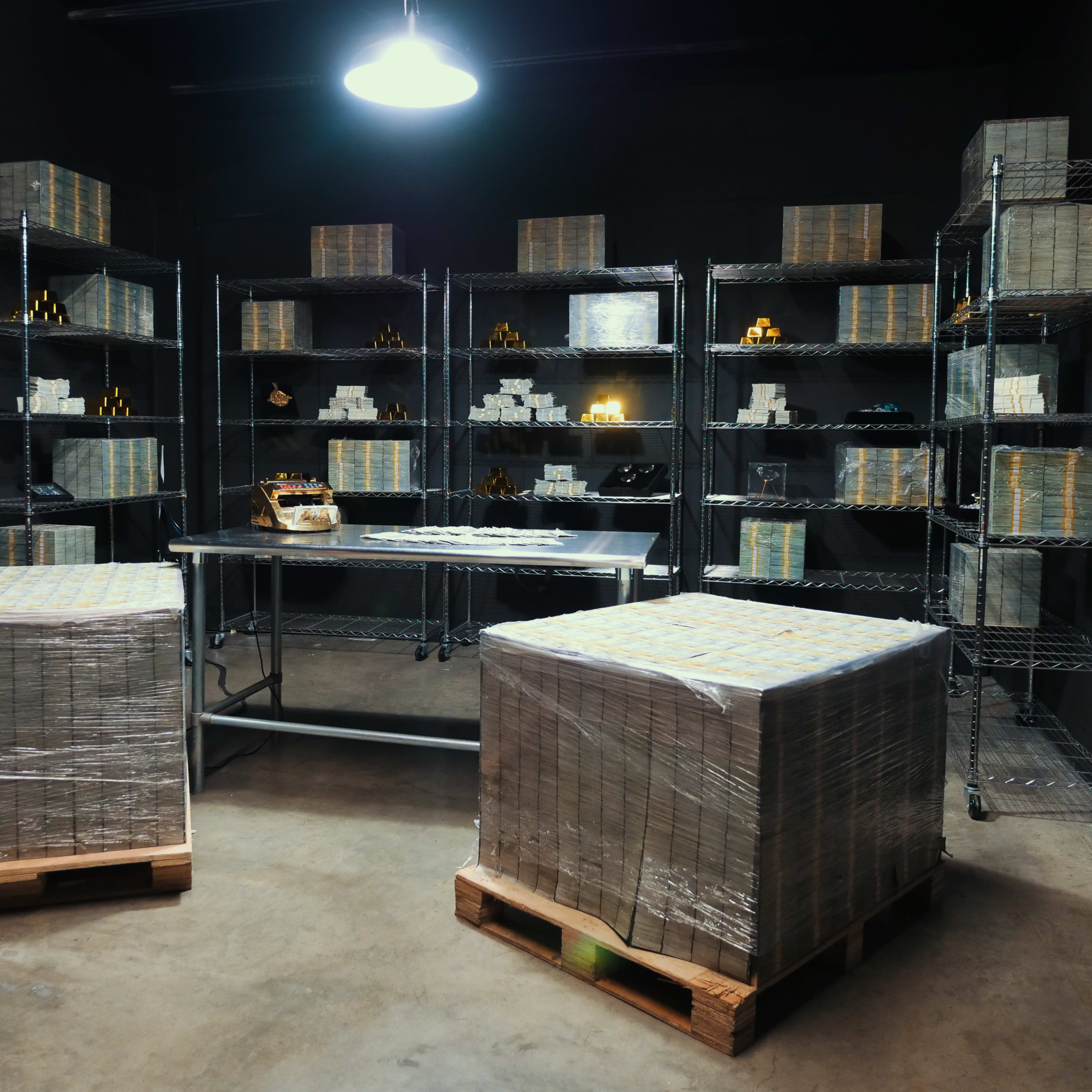 A dark room with metal shelves filled with stacked boxes, alongside large pallets of wrapped packages on the floor.