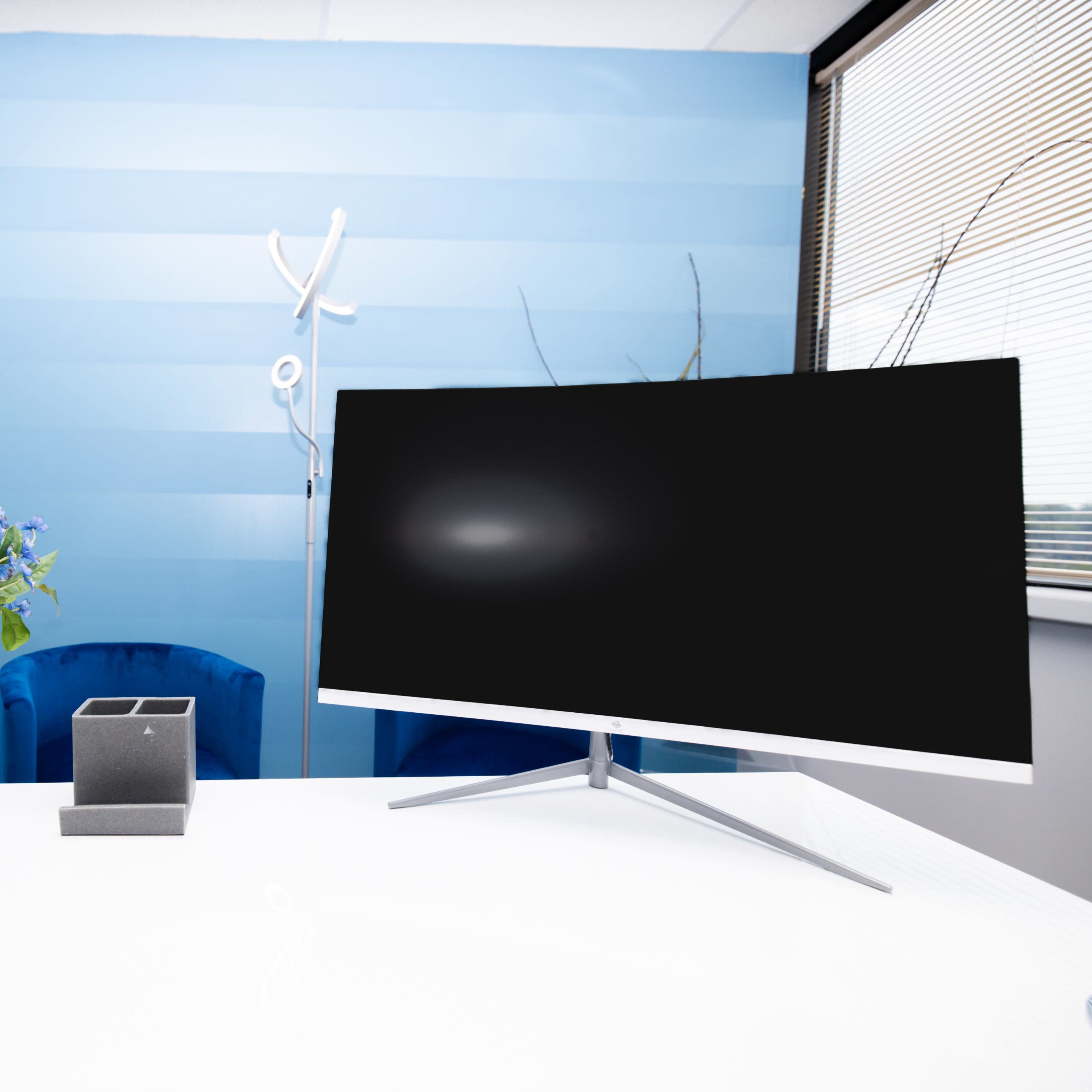 An office workspace is shown, featuring a modern monitor, a planter with blue flowers, and a minimalist desk against a striped blue wall.