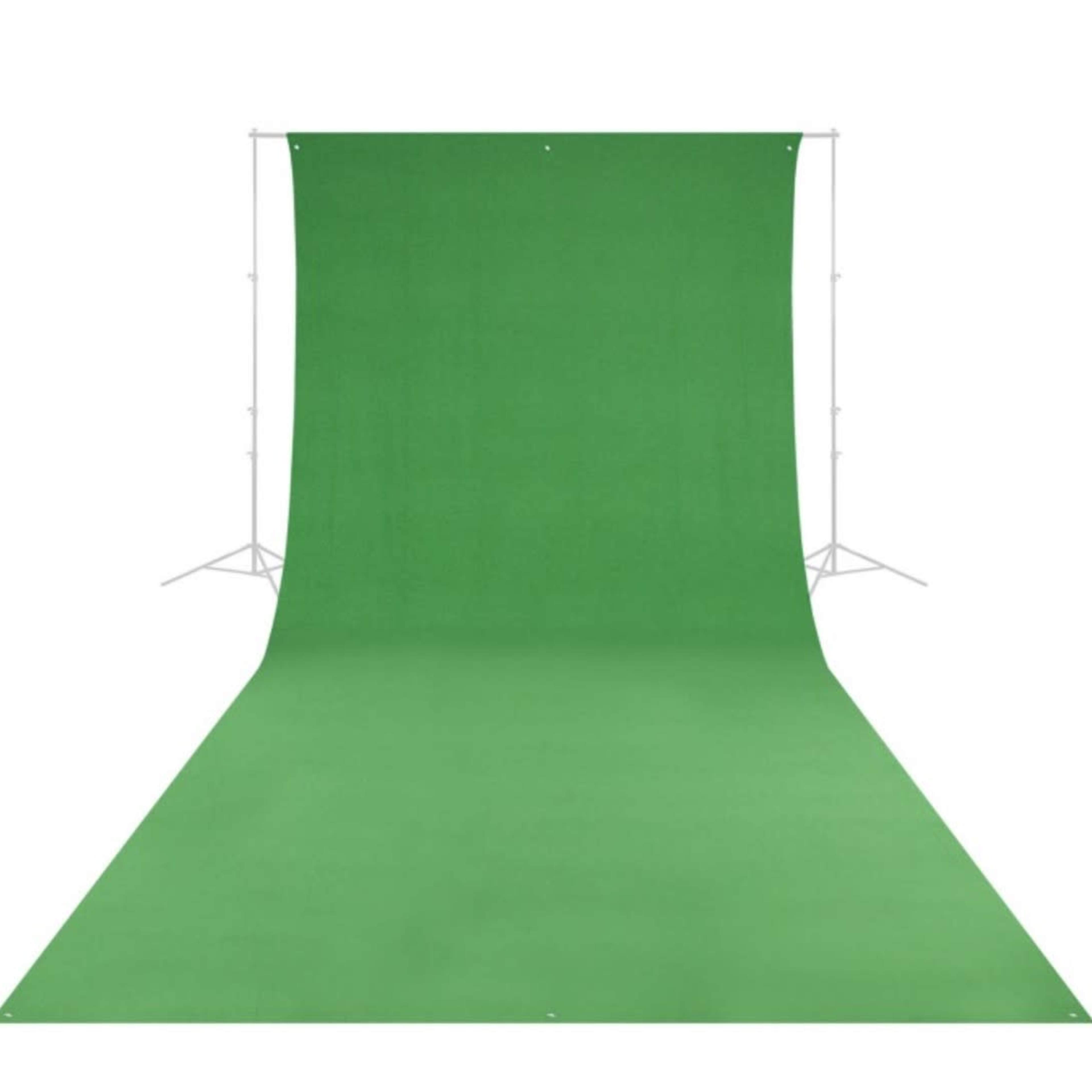 A green backdrop and floor setup, commonly used for video production or photography.