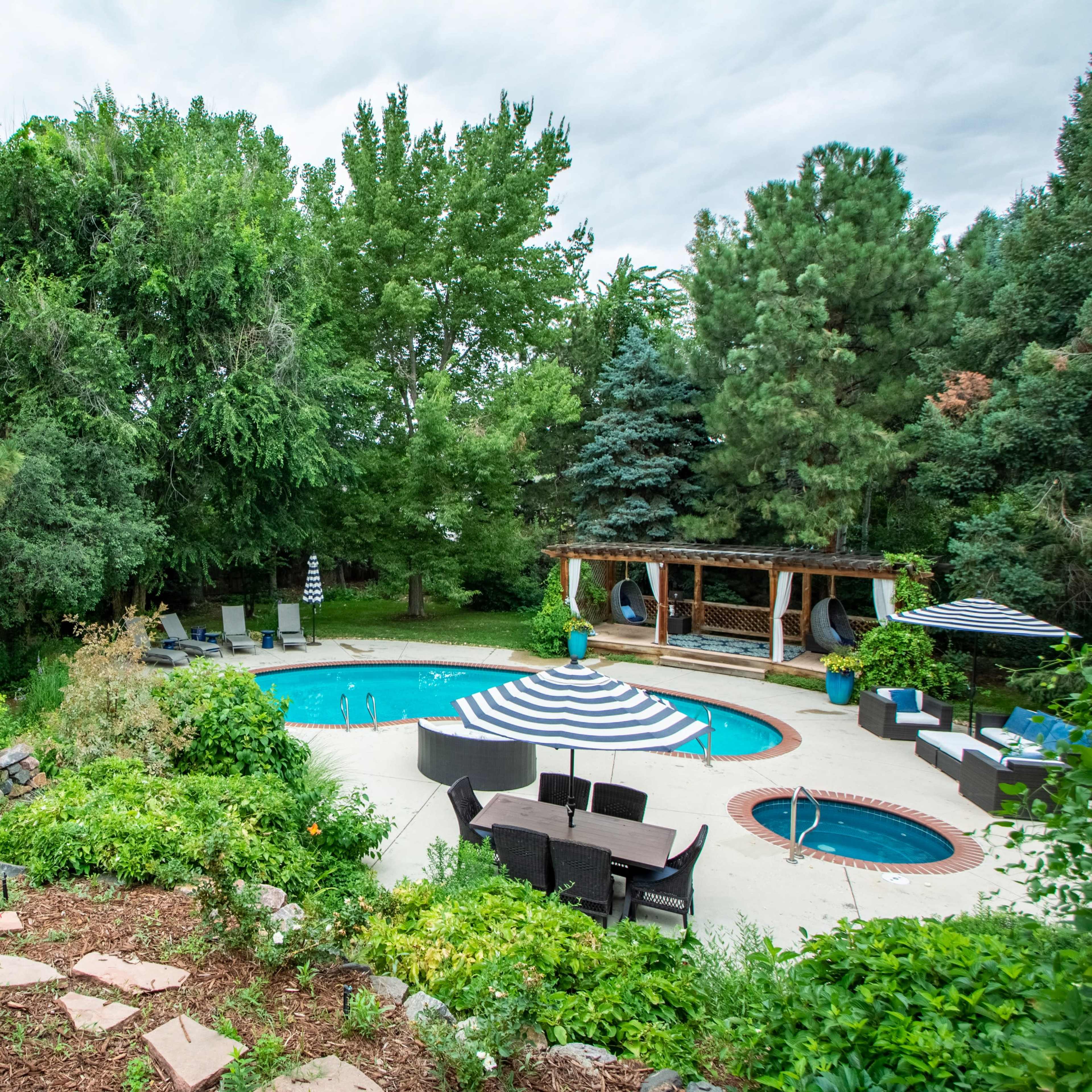 A landscaped backyard featuring a swimming pool surrounded by patio furniture, trees, and shrubs.