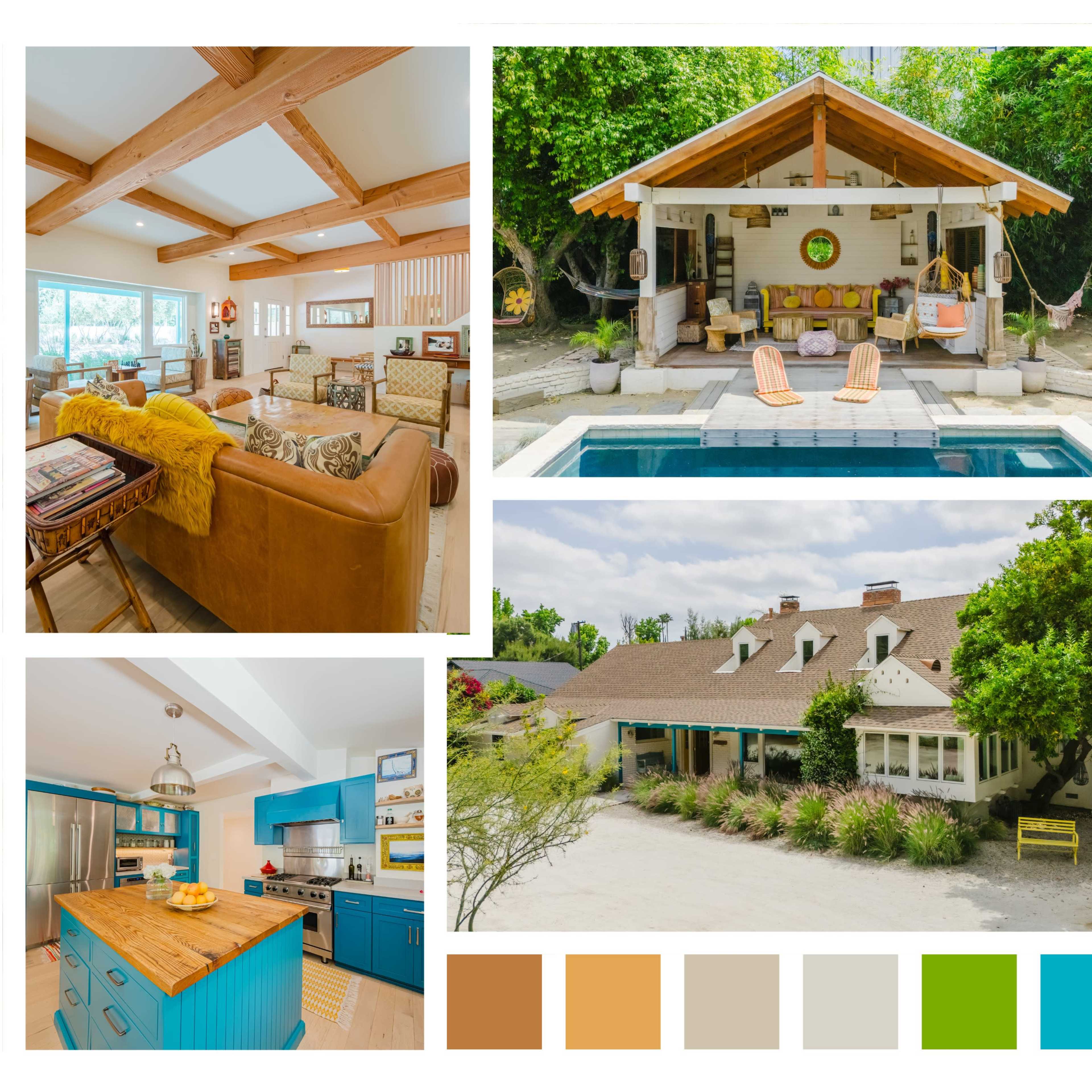 A collection of scenes, including a cozy living room, a charming outdoor lounging area by a pool, a small garden shed, and various views of a spacious house surrounded by greenery.
