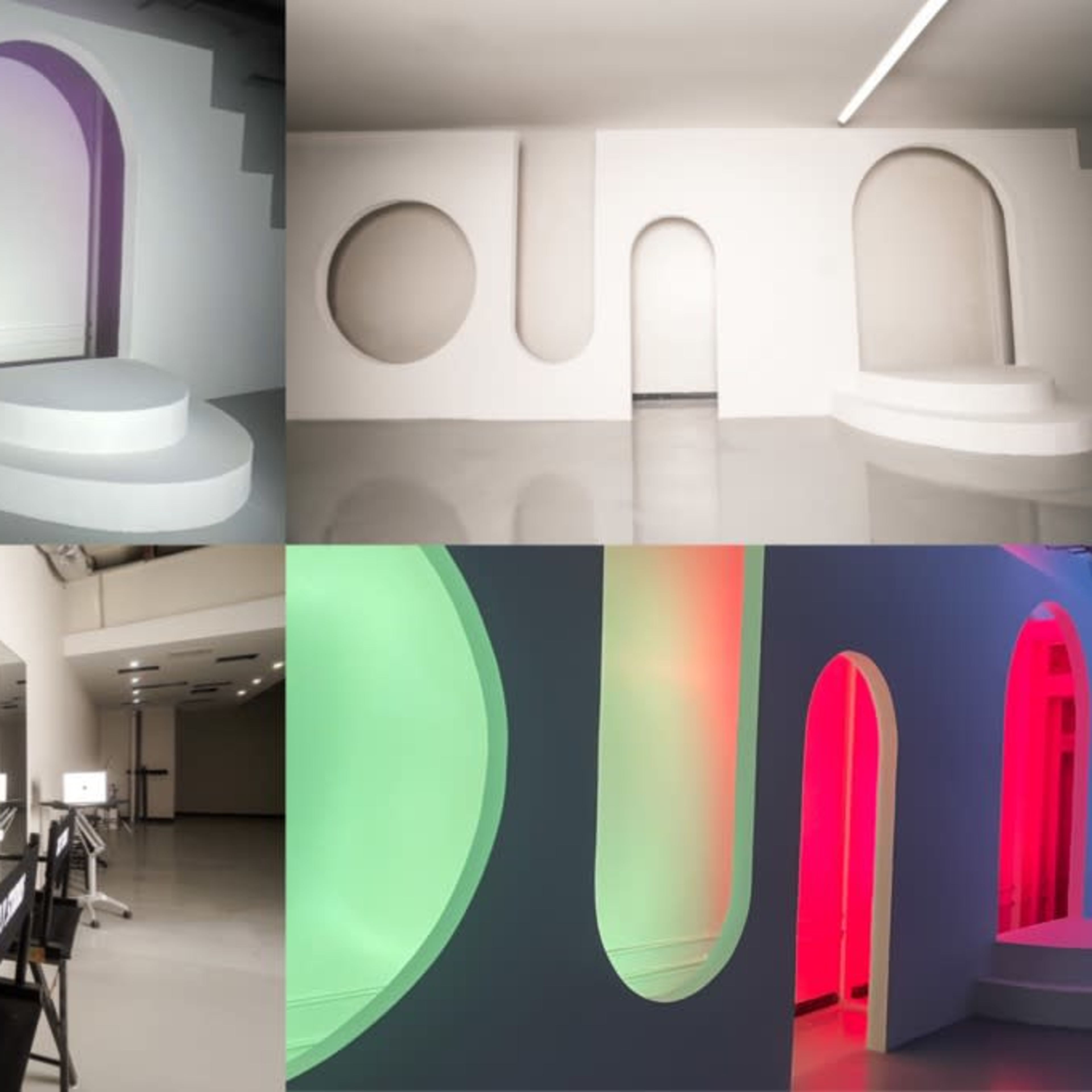 A modern studio space with geometric archways, circular cutouts, and sections illuminated in various colors.