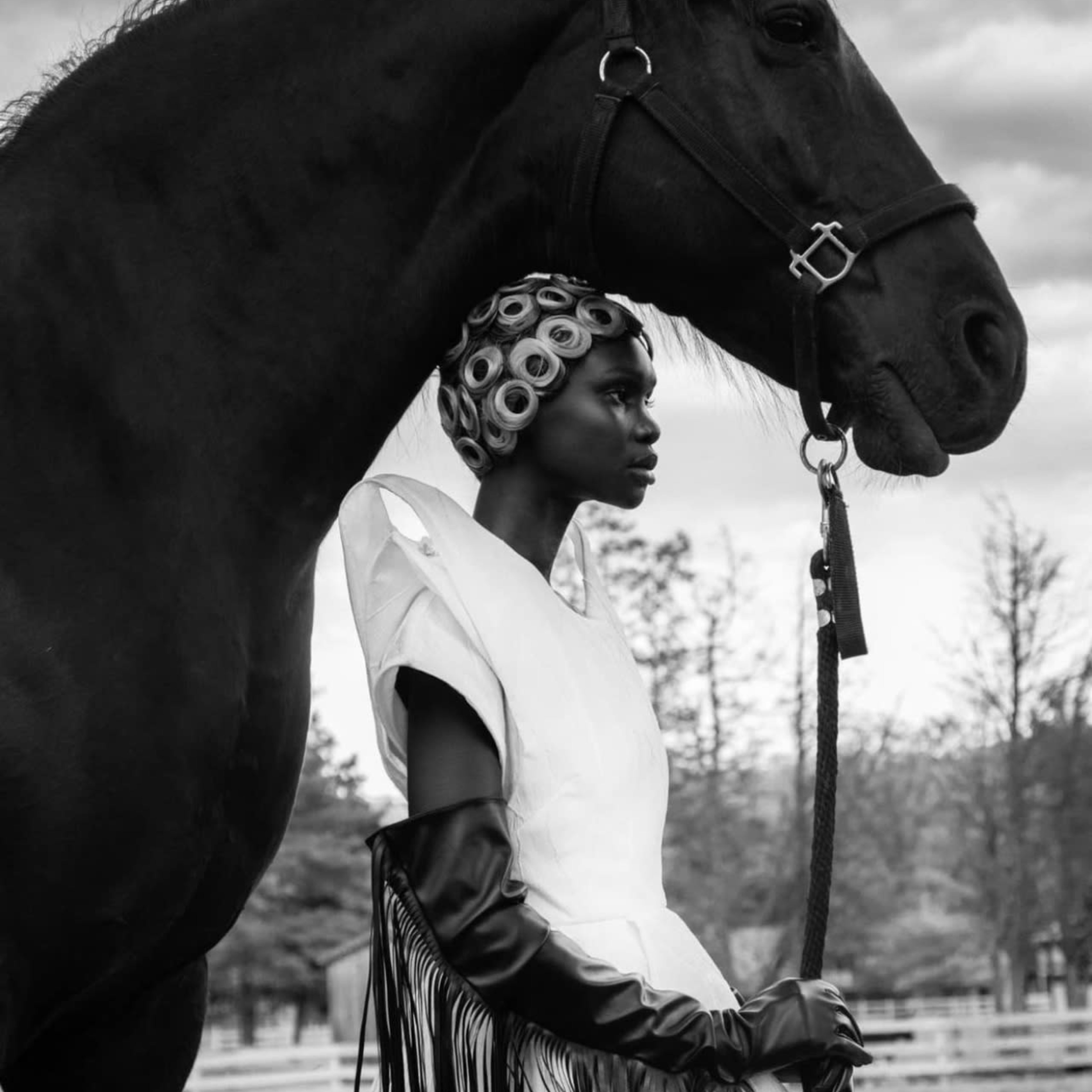 A woman stands beside a large black horse against a cloudy background.