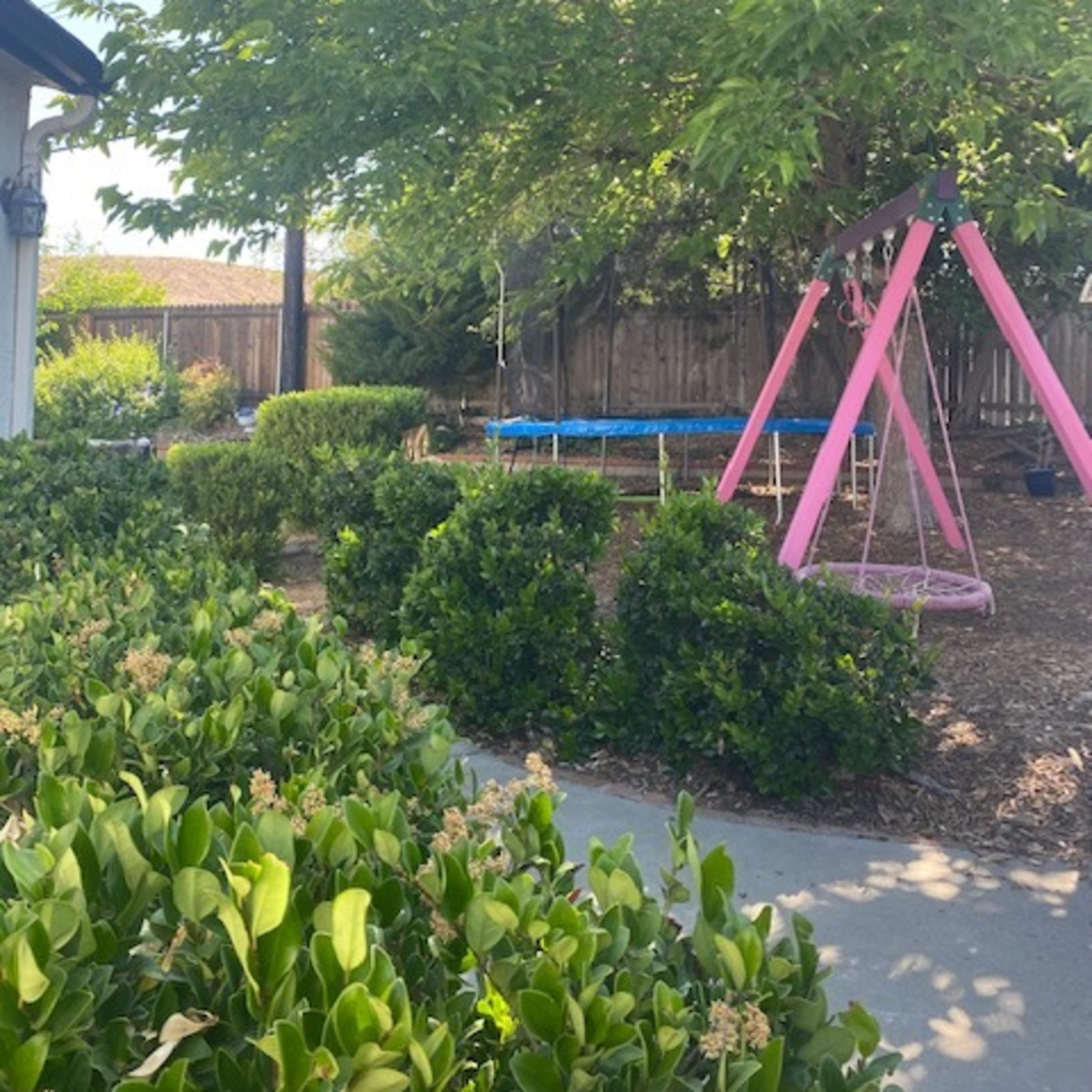 A pink swing set is located in a shaded yard surrounded by green shrubs and a trampoline in the background.