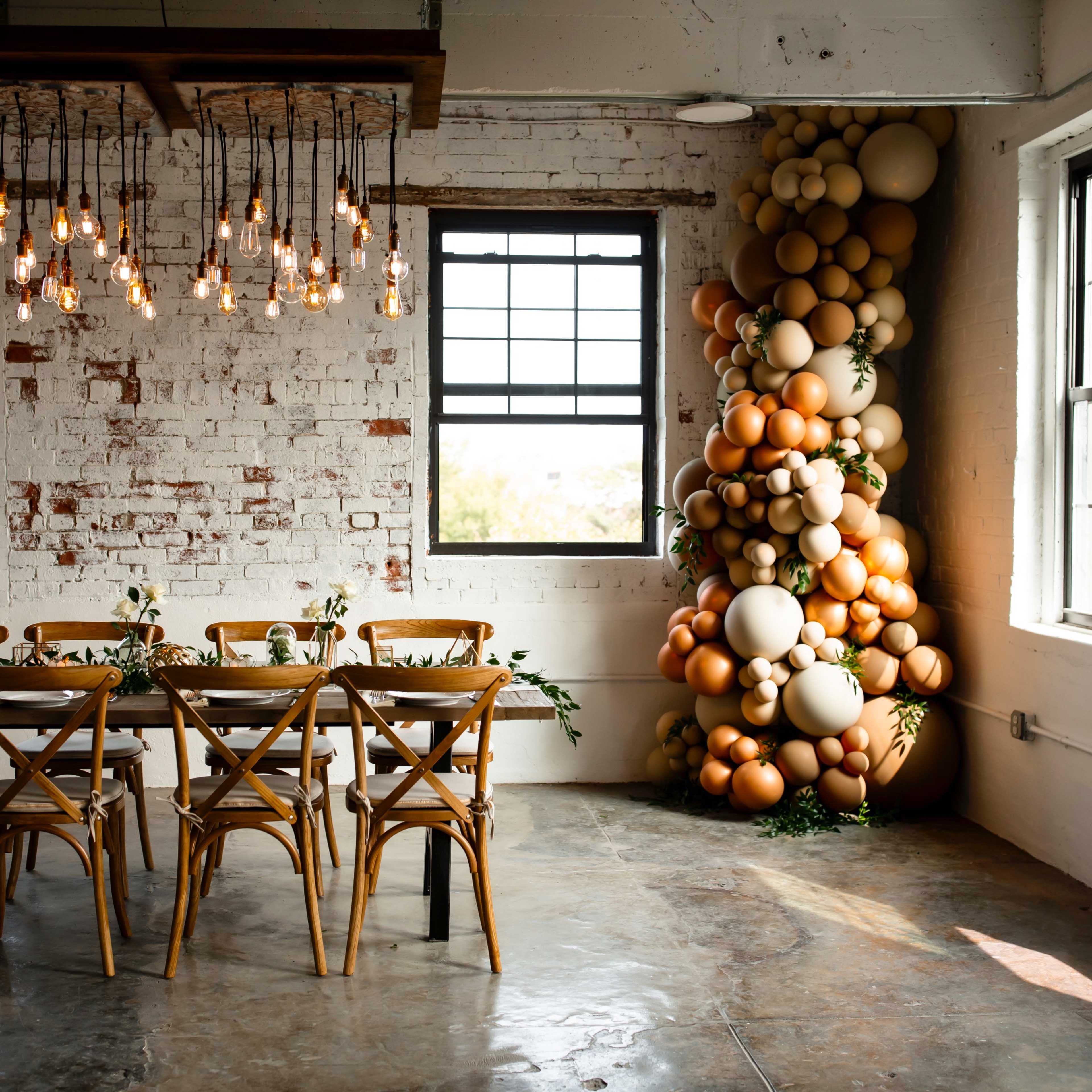 A large dining table with wooden chairs is set in a brightly lit room featuring exposed brick walls and a decorative arrangement of balloons in warm tones against one wall.