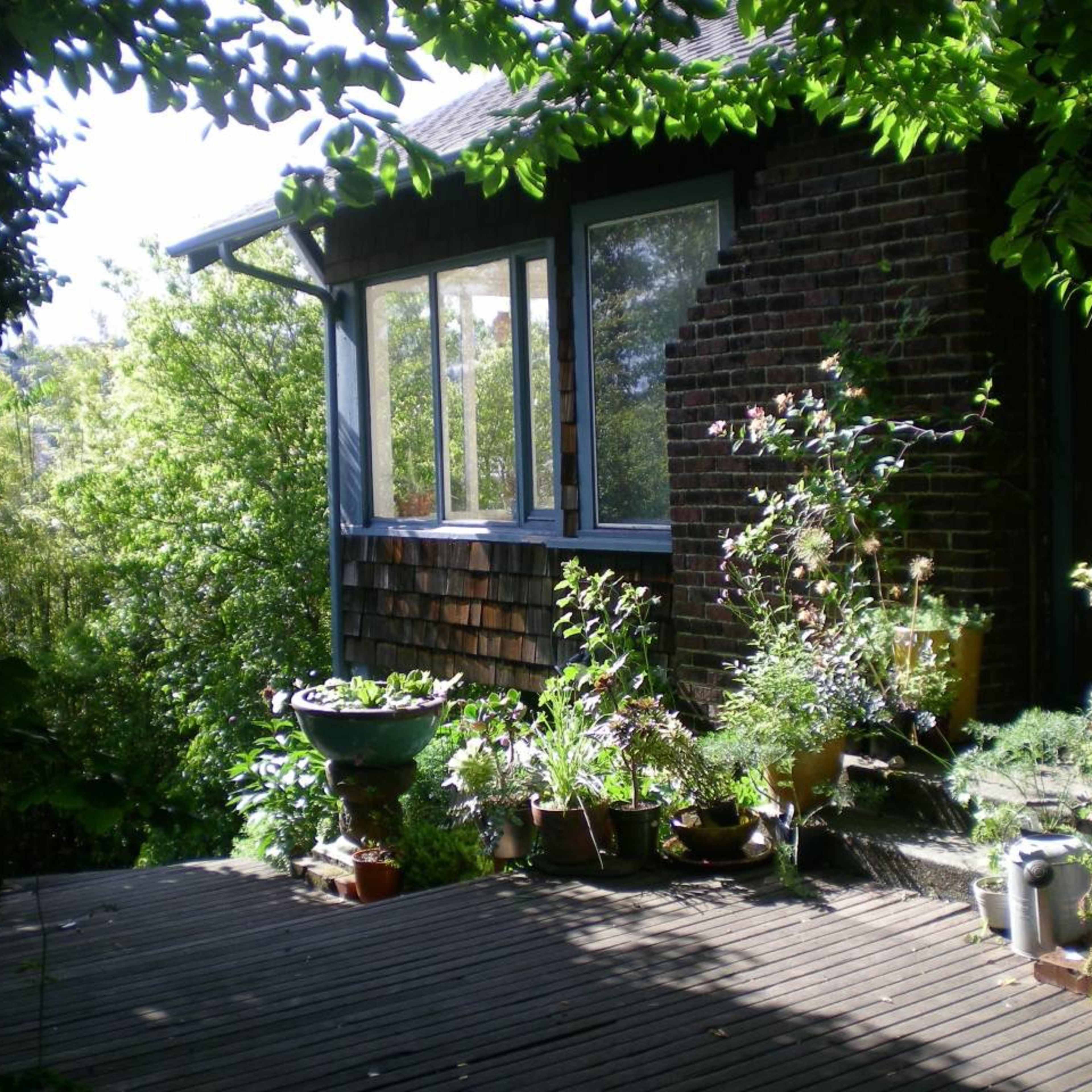 A wooden deck is lined with potted plants and flowers in front of a brick house with large windows.