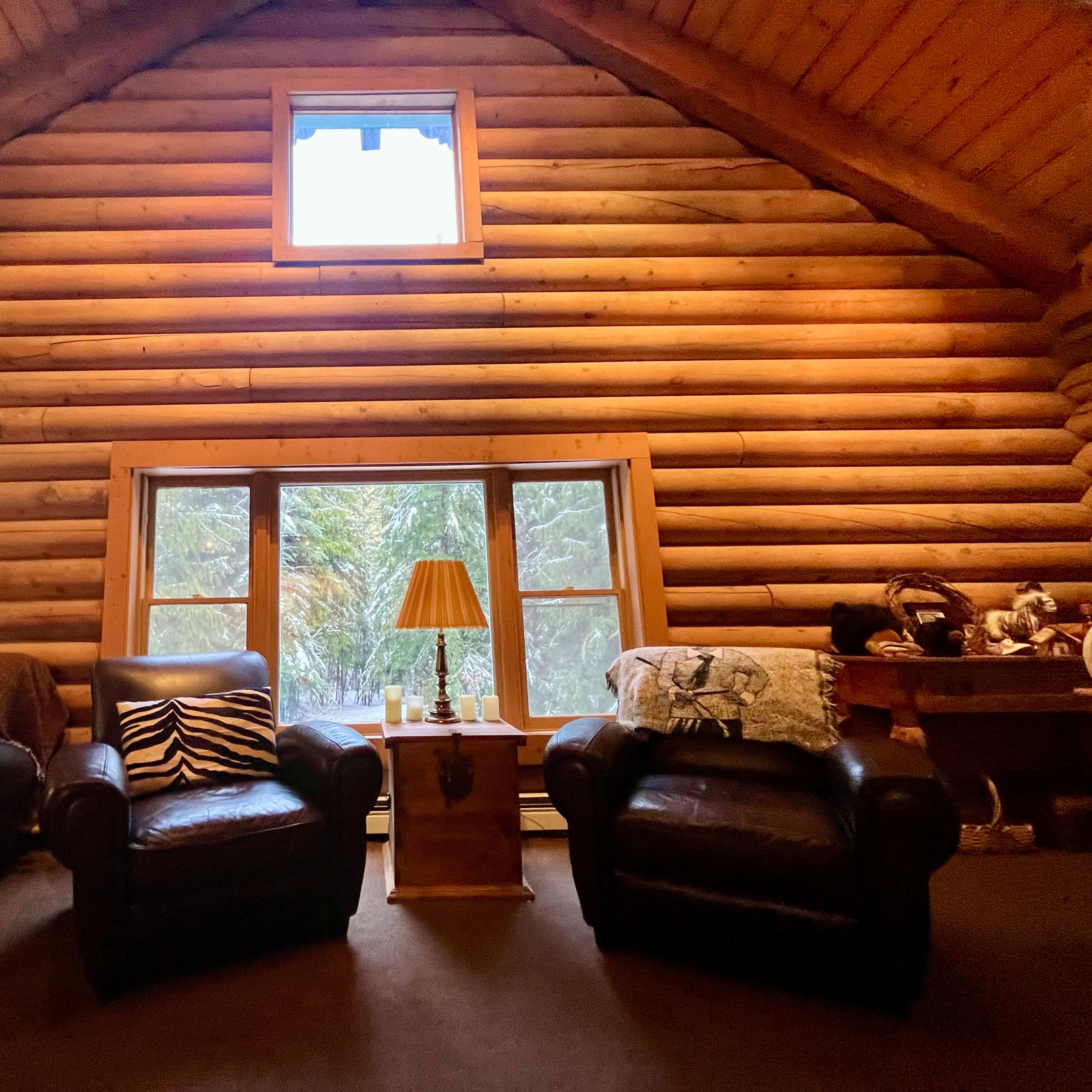 A cozy room with two leather armchairs, a side table with a lamp, and wooden walls illuminated by natural light from a window.
