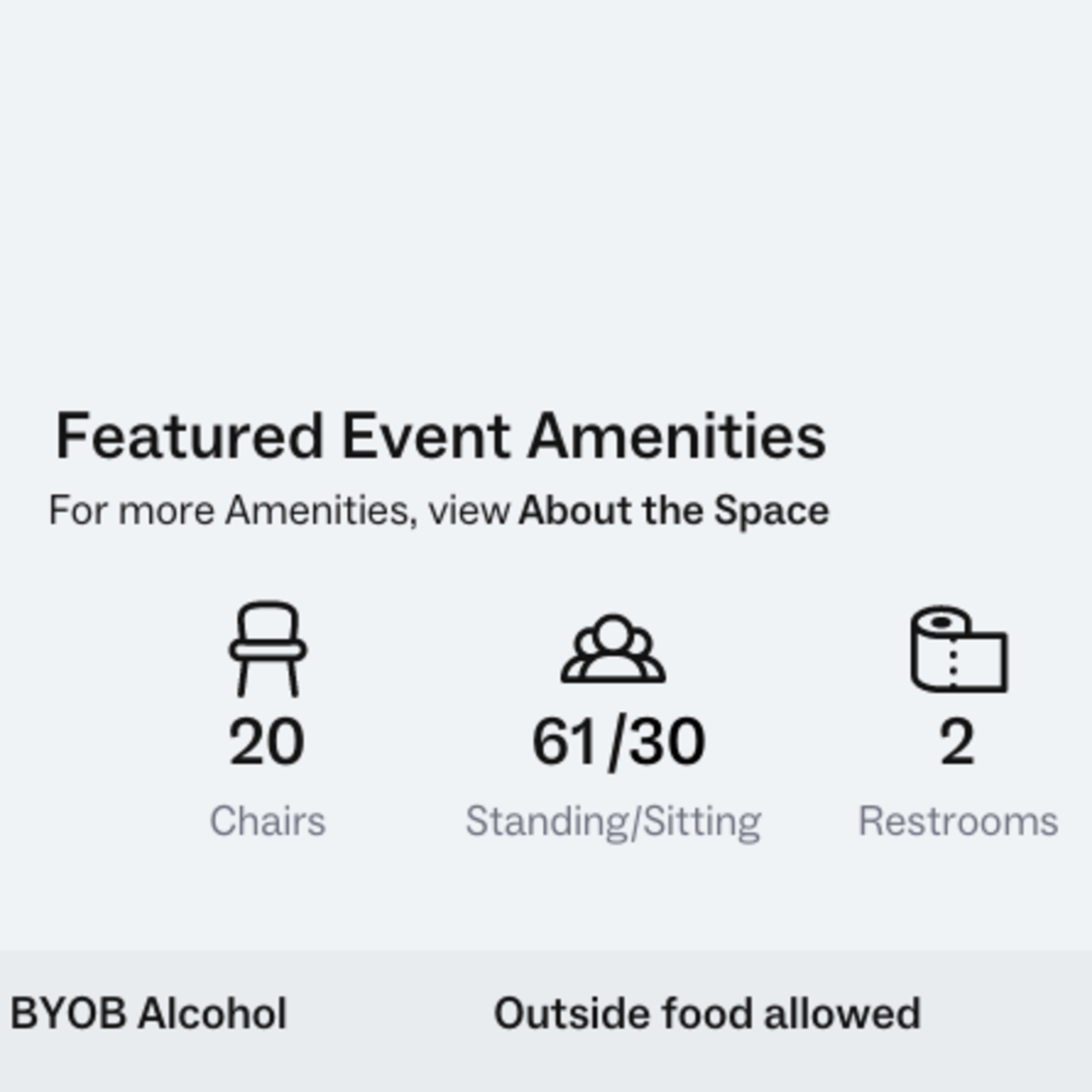 Event amenities, including 6 tables, 20 chairs, a capacity for 61 standing or sitting, and 2 restrooms.