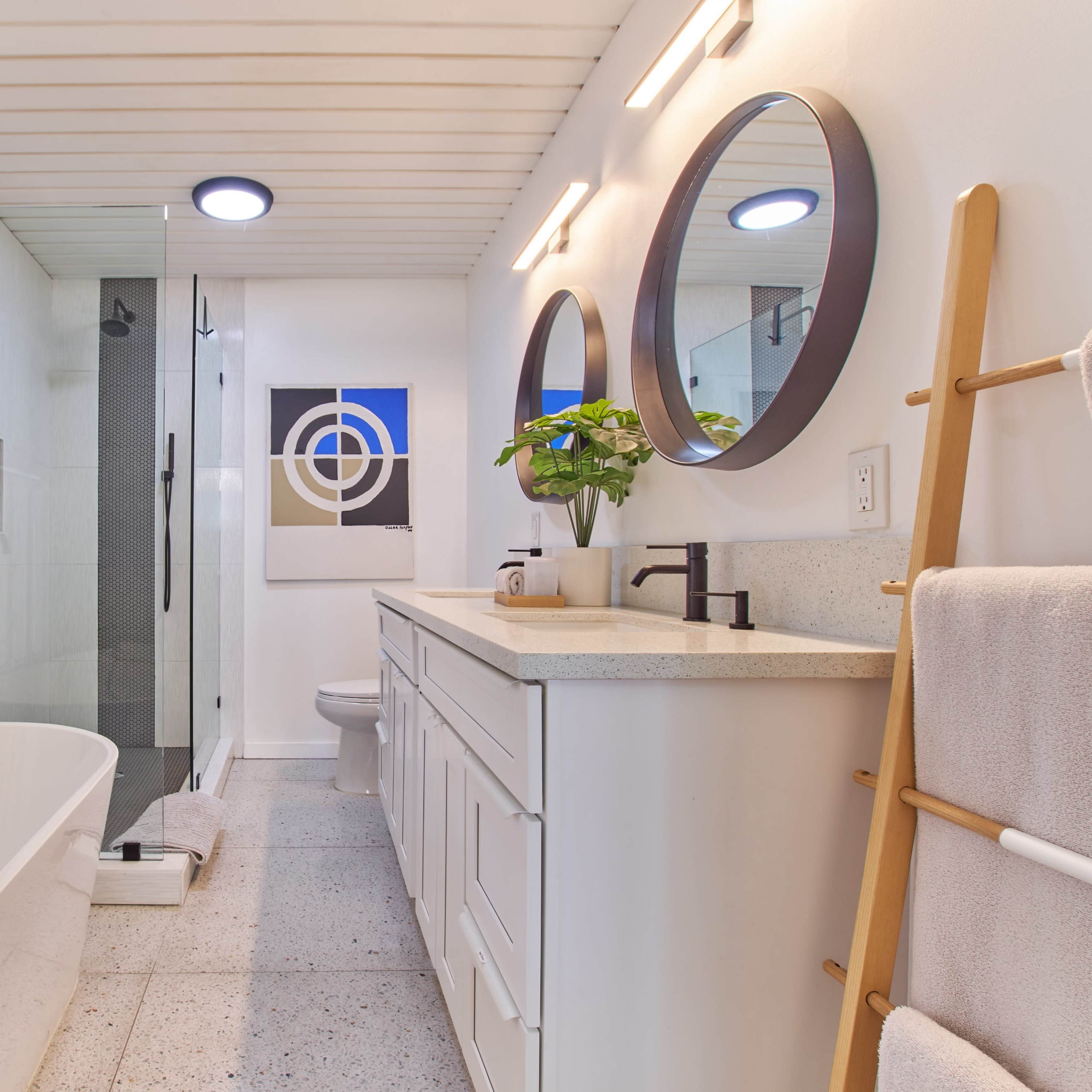 A modern bathroom featuring a freestanding bathtub, a glass shower enclosure, dual mirrors, a sink with a countertop, and a plant on the vanity.