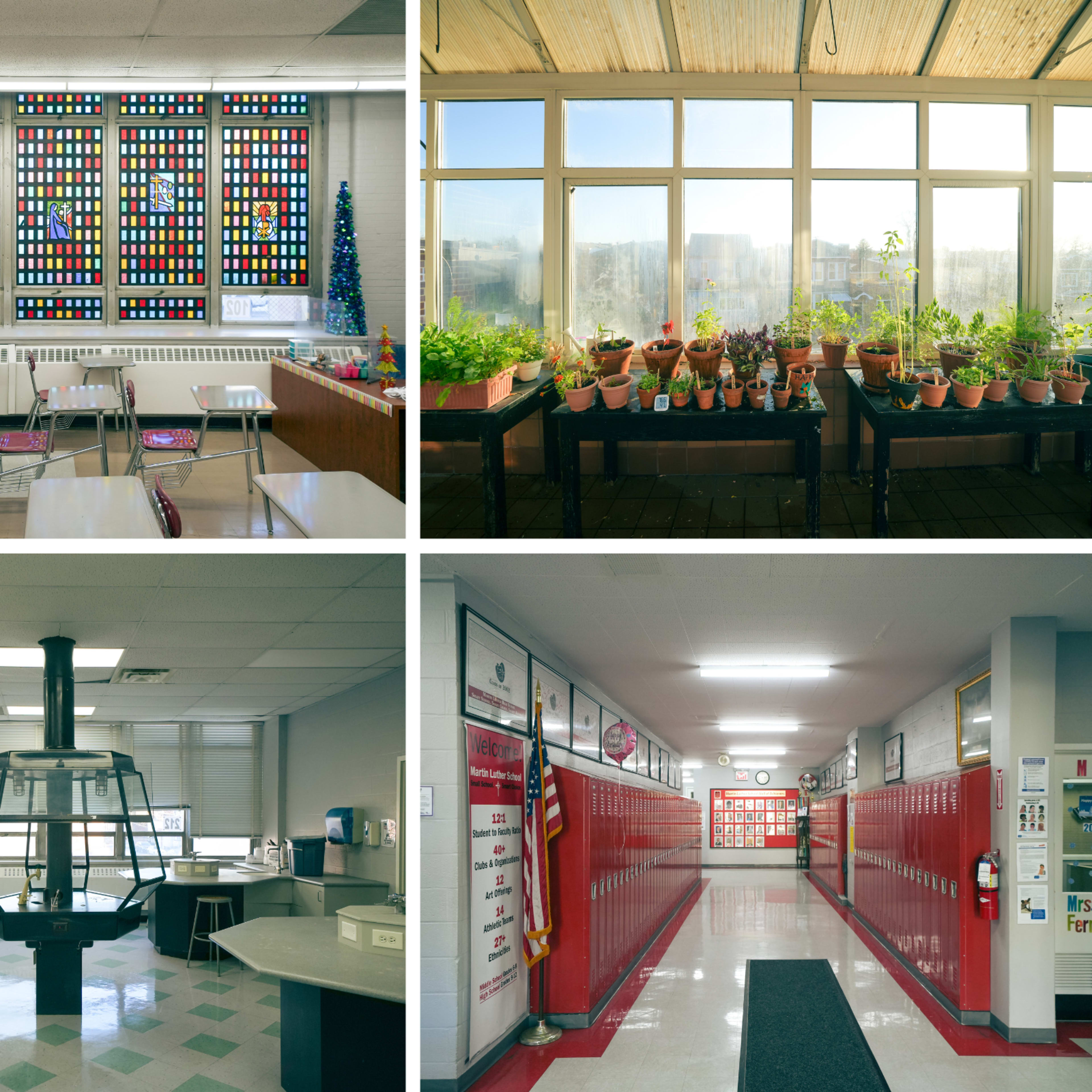 Four scenes from a school: a classroom with a colorful stained glass window, a sunlit greenhouse filled with potted plants, a cafeteria area with a large kitchen hood, and a hallway lined with red lockers.