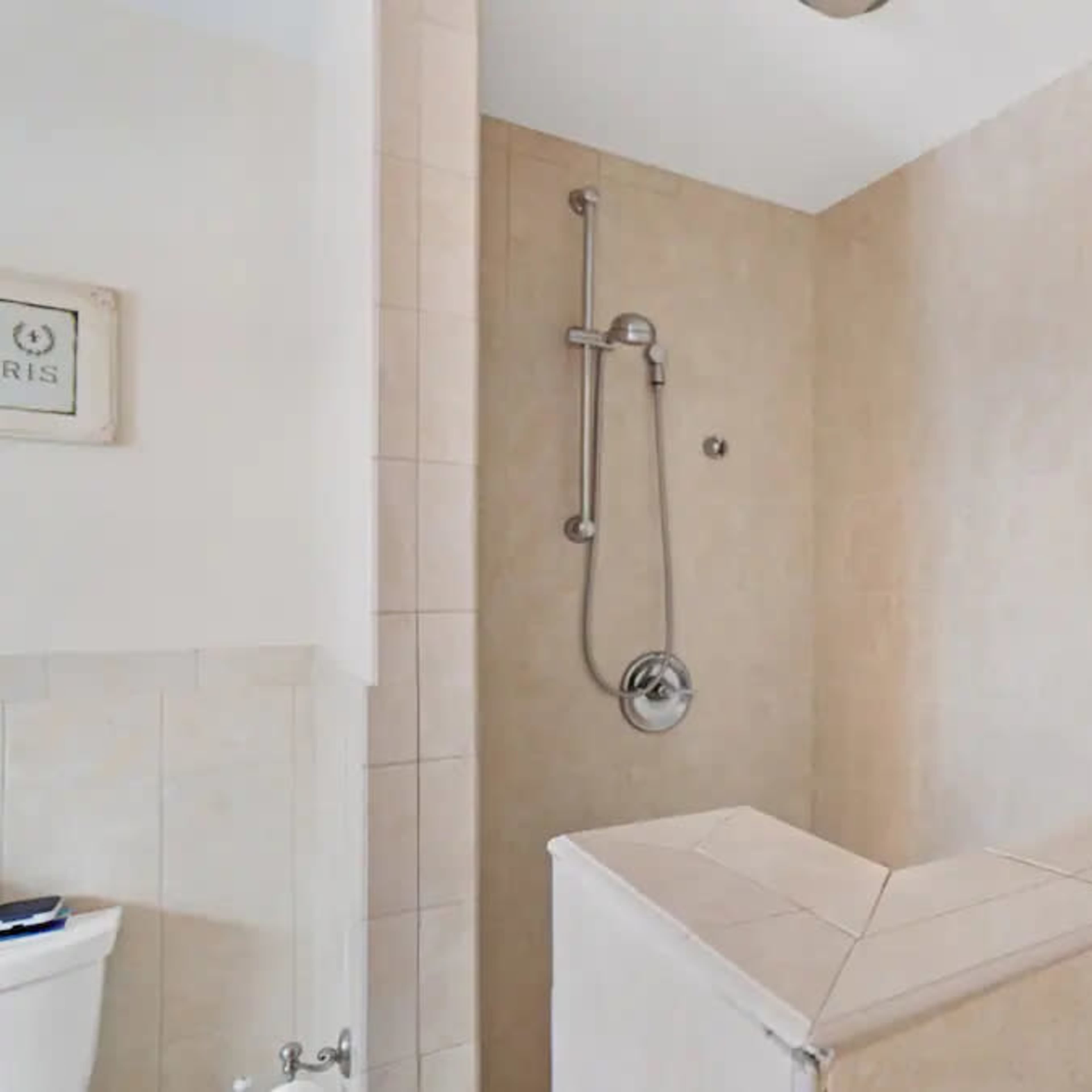 A tiled shower area with a wall-mounted showerhead and a small dividing wall, adjacent to a toilet in a light-colored bathroom.