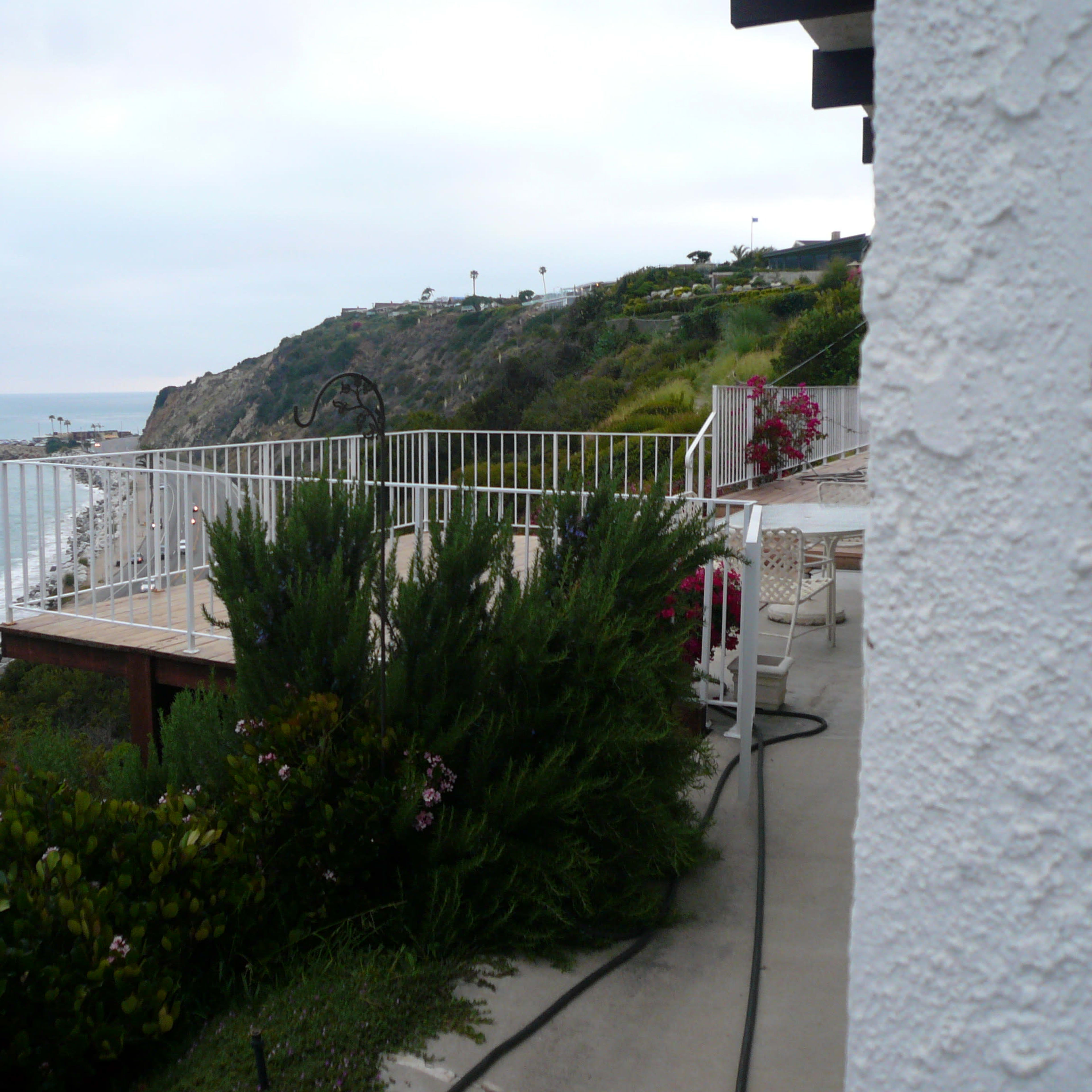 A coastal view featuring a deck overlooking the ocean, surrounded by greenery and flowering plants.