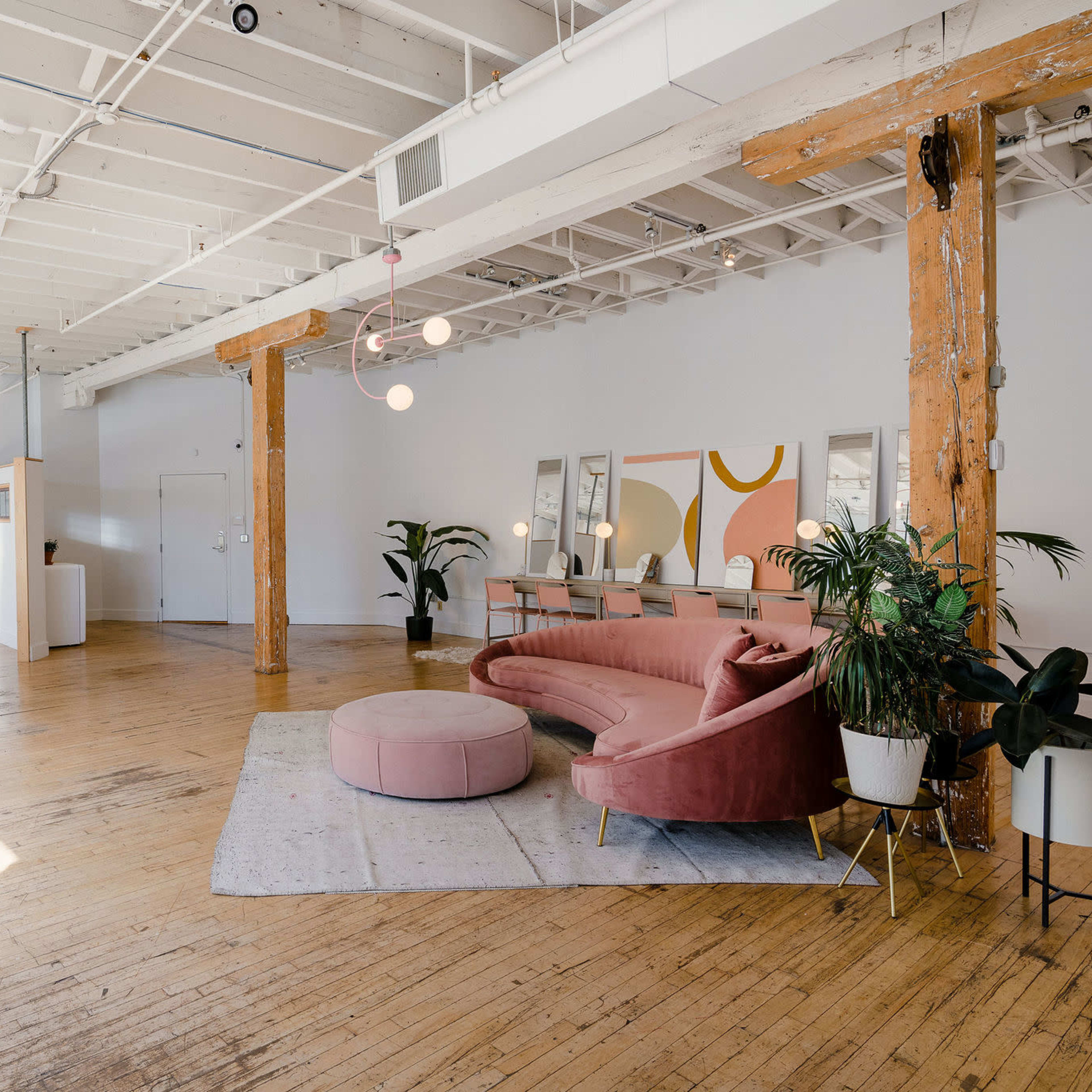 A spacious, modern interior with wooden floors, featuring a green couch, a pink curved sofa, and several large plants in decorative pots.