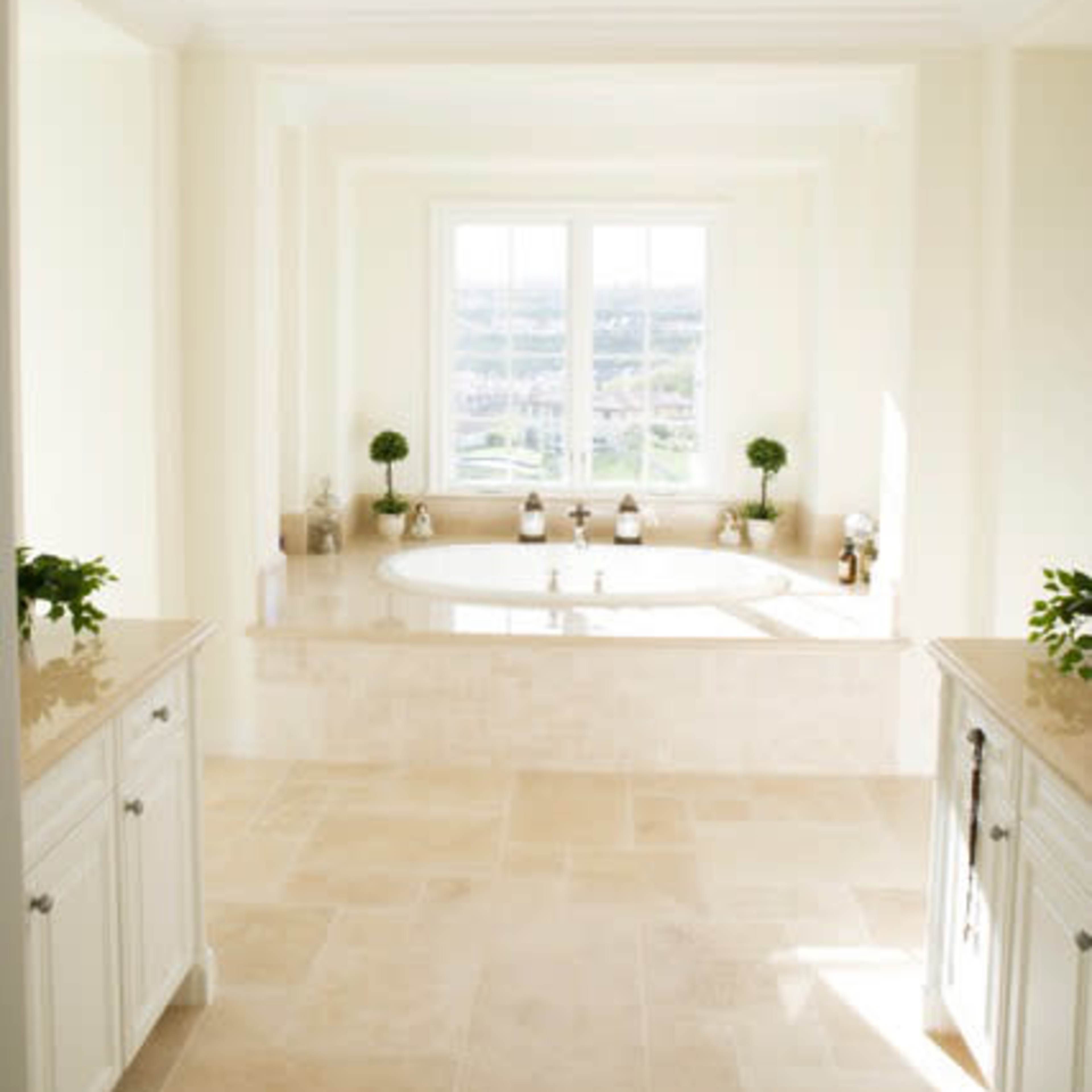 A spacious, well-lit bathroom features a large soaking tub under a window with a view, flanked by potted plants and modern fixtures.