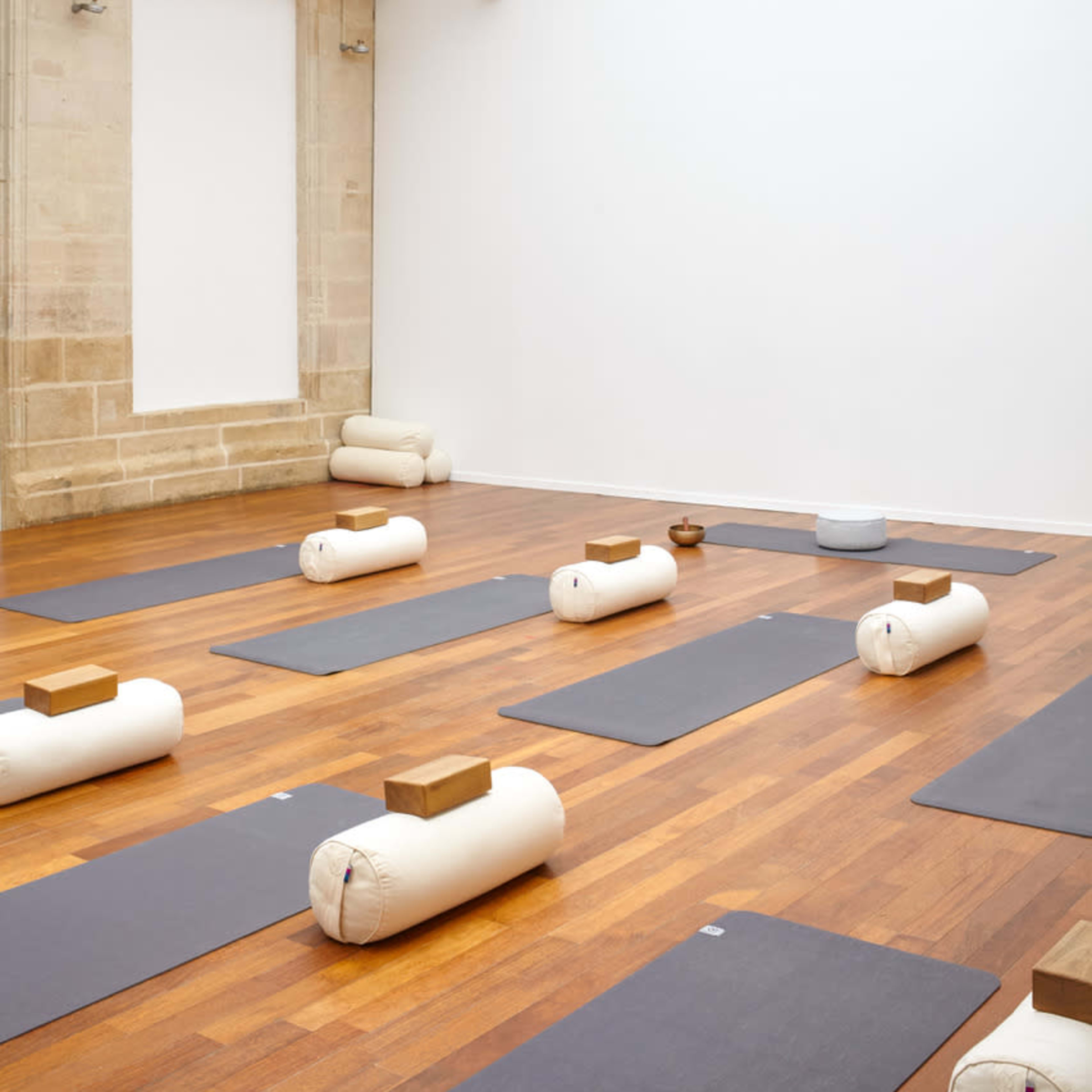 A spacious yoga studio with wooden flooring, several yoga mats neatly arranged, and natural light streaming through a glass roof.