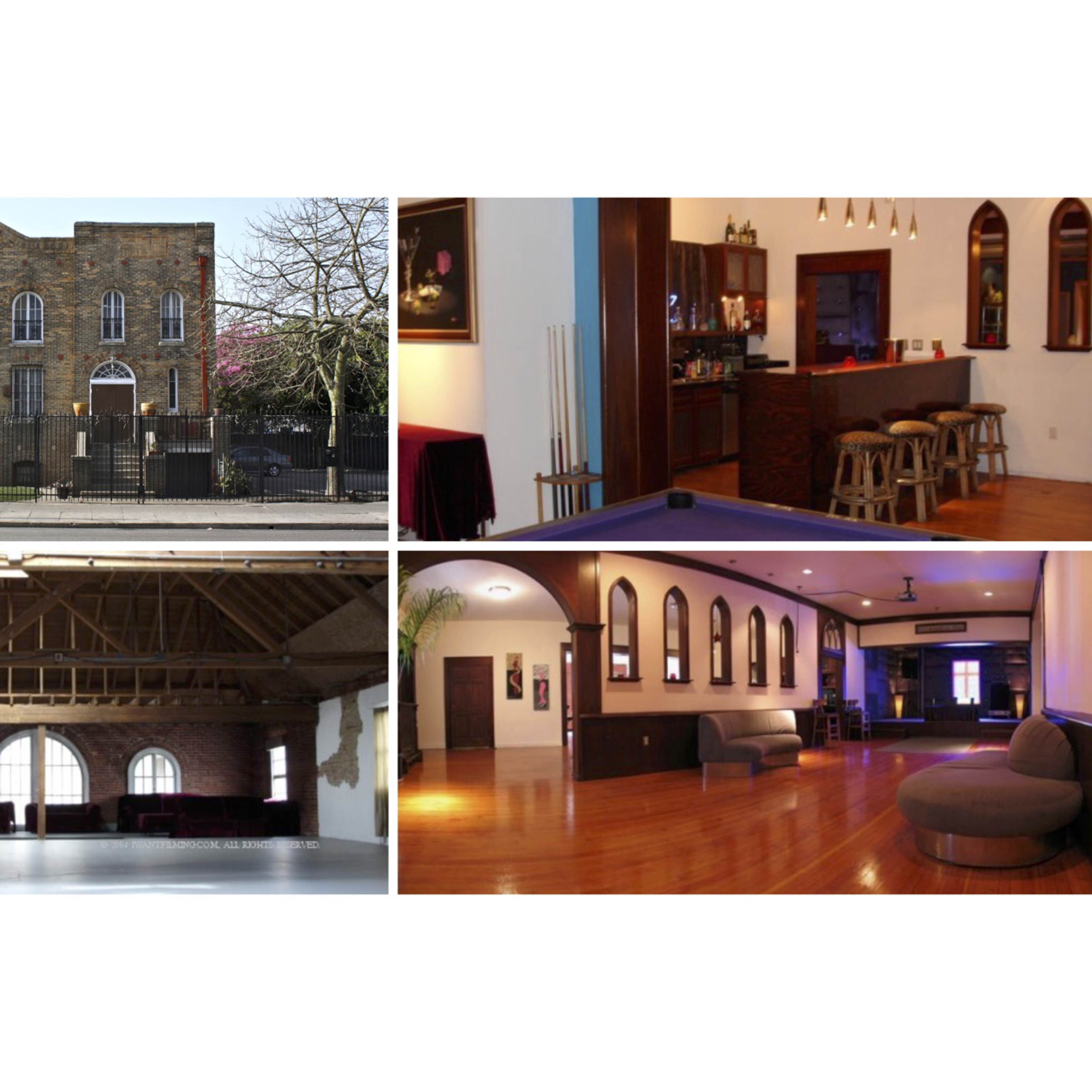 Four different scenes: an exterior view of a historic brick building, a cozy bar area with seating, a spacious industrial-style room with exposed beams, and a modern lounge area with curved seating and decorative arches.