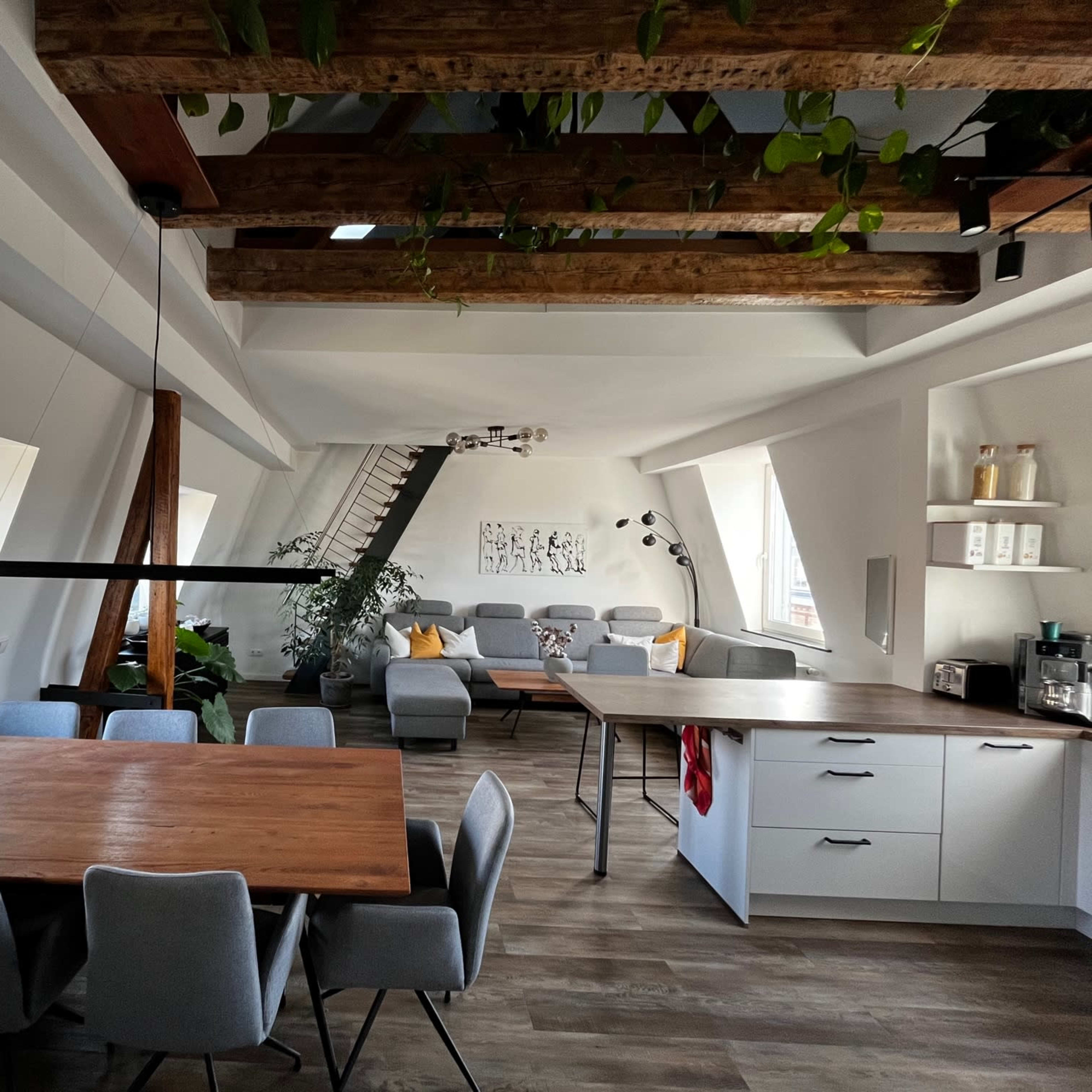 An open-concept living space featuring a dining area with a large table, a kitchen with white cabinetry, and a cozy seating area adorned with plants and large windows.