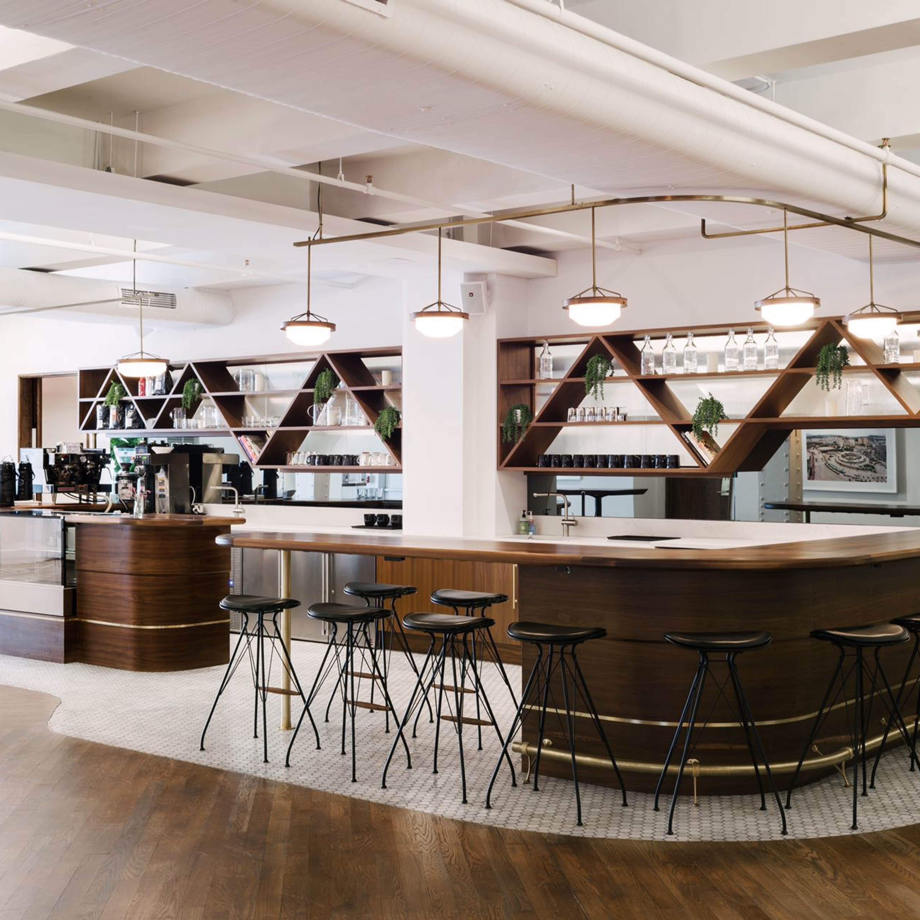 A modern coffee bar with a curved wooden counter, stylish stools, and geometric shelving displaying glassware and plants.
