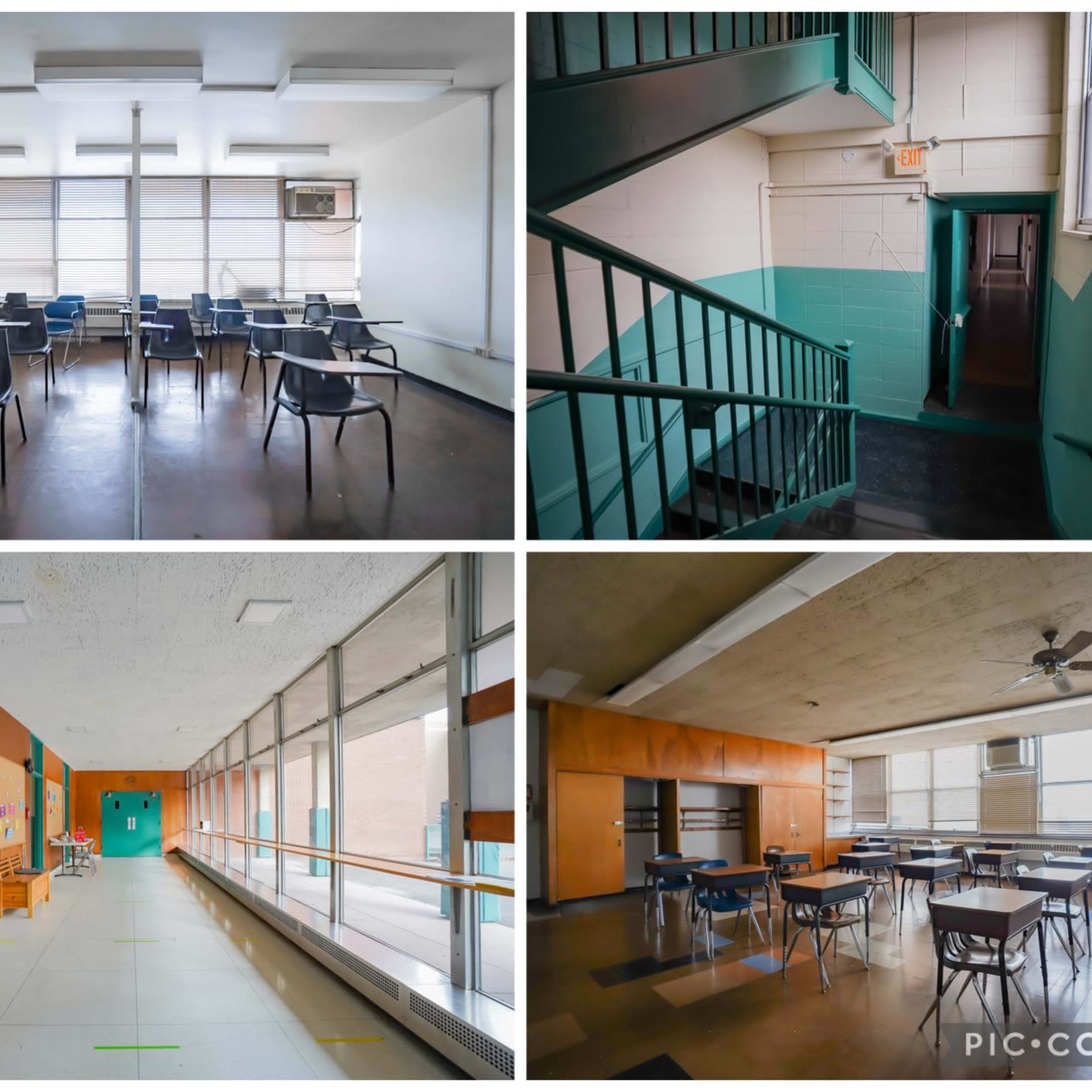 Four different views of an empty school environment, including a classroom with chairs, a staircase, a hallway with large windows, and another classroom setup.