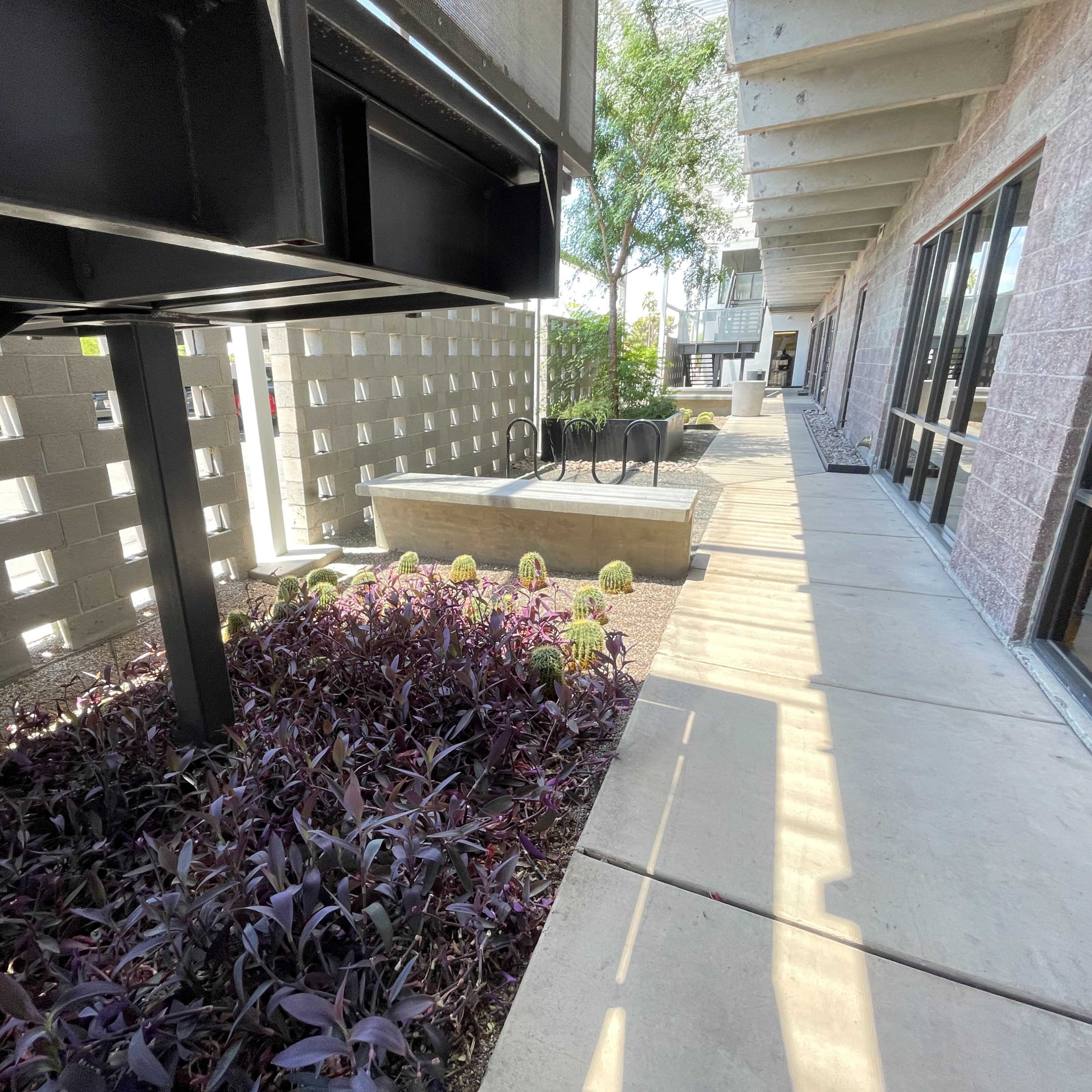 A walkway beside a building, lined with purple plants and a bench, with a staircase overhead and light filtering through.