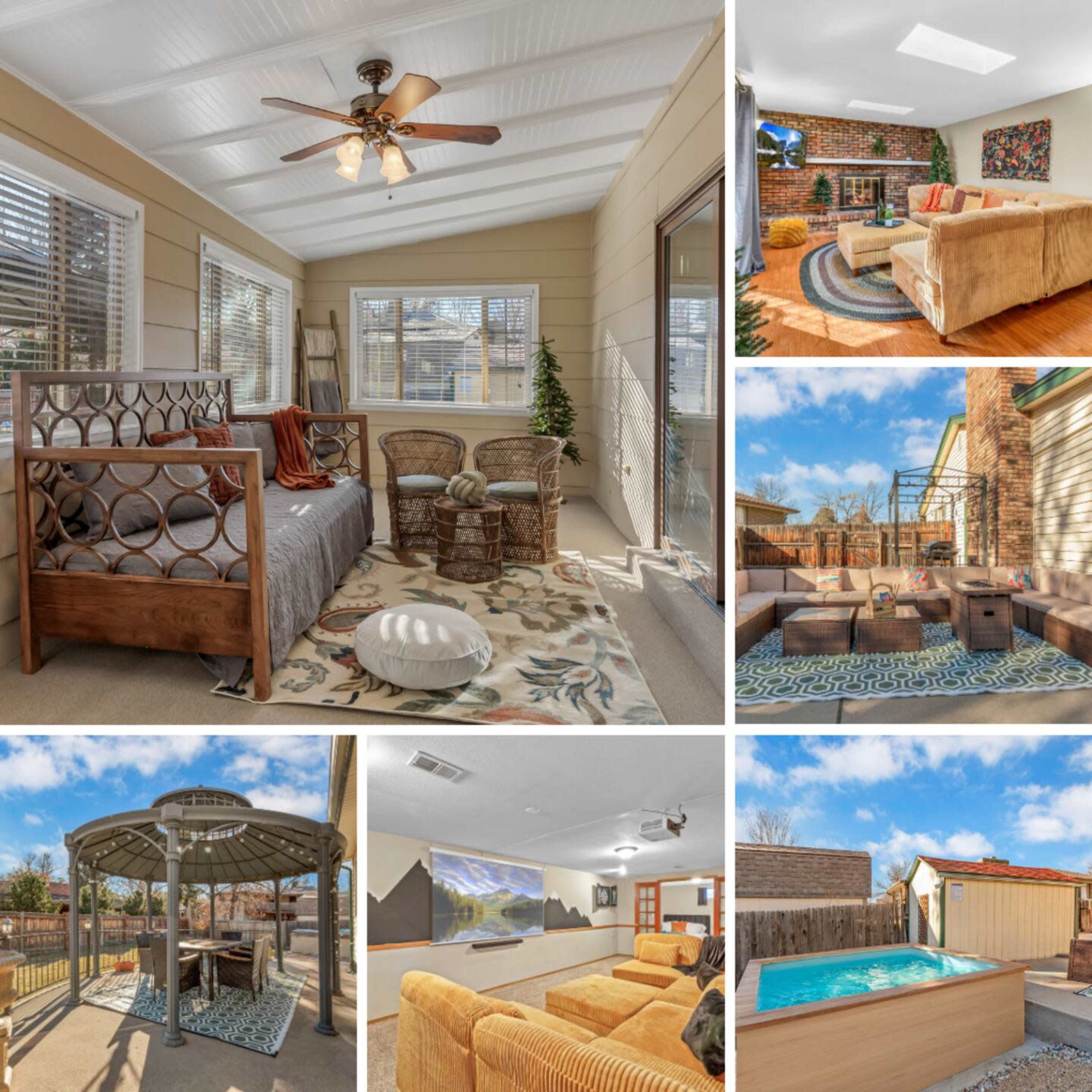 A cozy sunroom with seating, a living area, an outdoor patio with a fire pit, a gazebo, and a small pool, highlighting various spaces for relaxation and entertainment.