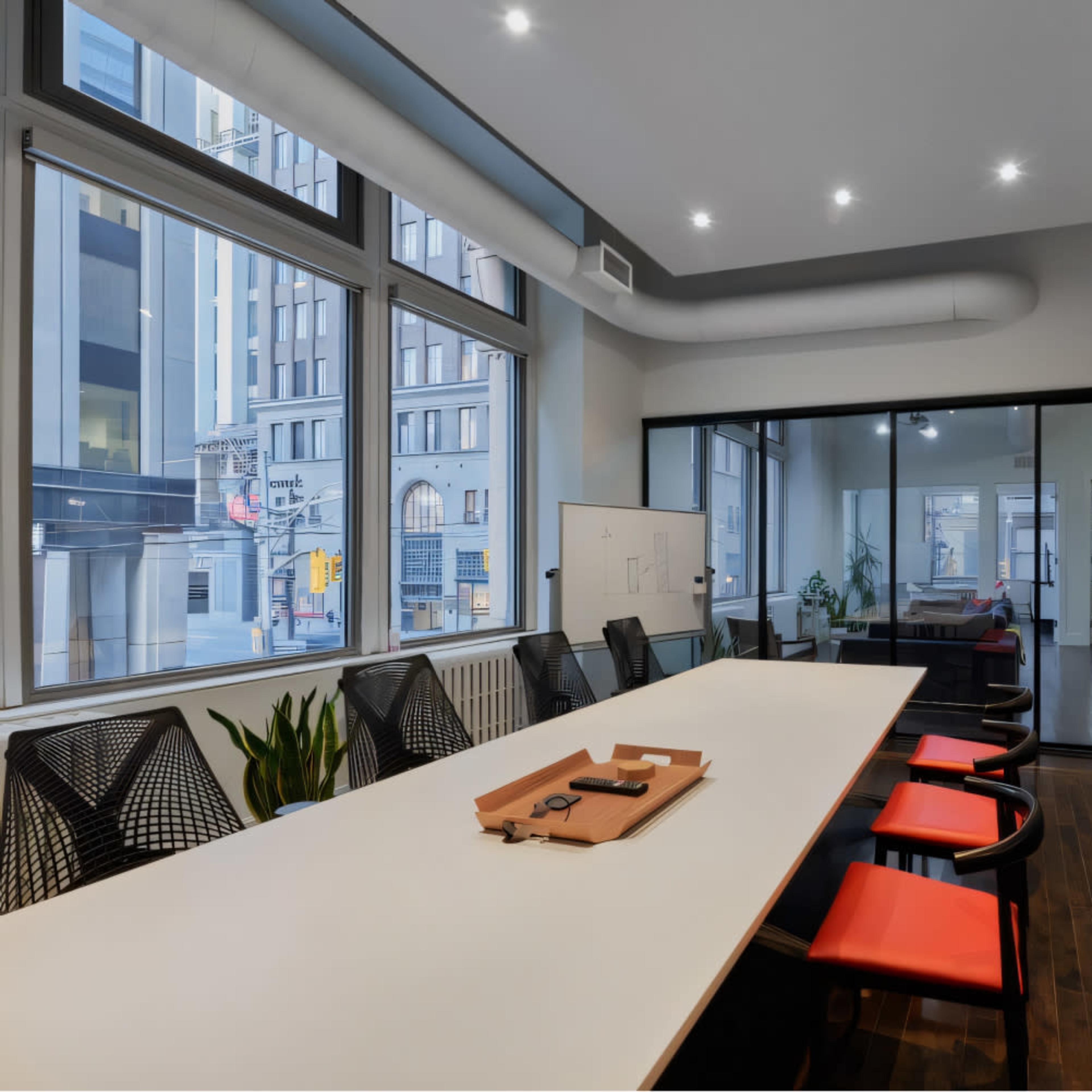 A modern conference room with a large white table, black chairs, and floor-to-ceiling windows showing a cityscape.